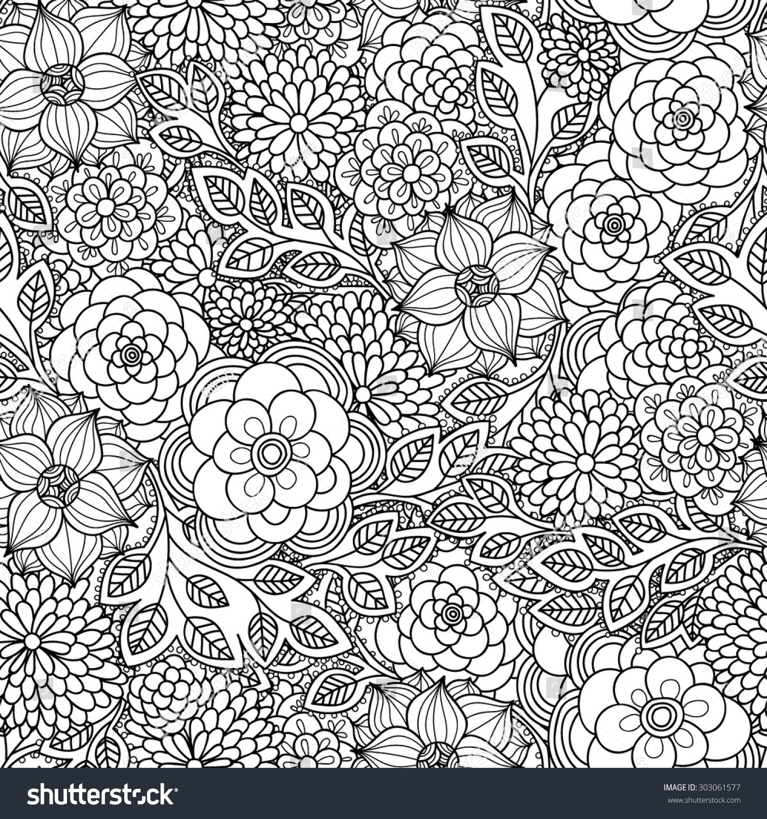 花柄のシームレスな柄 落書き風背景にゼンタングル 白黒の手描きのパターン のベクター画像素材 ロイヤリティフリー