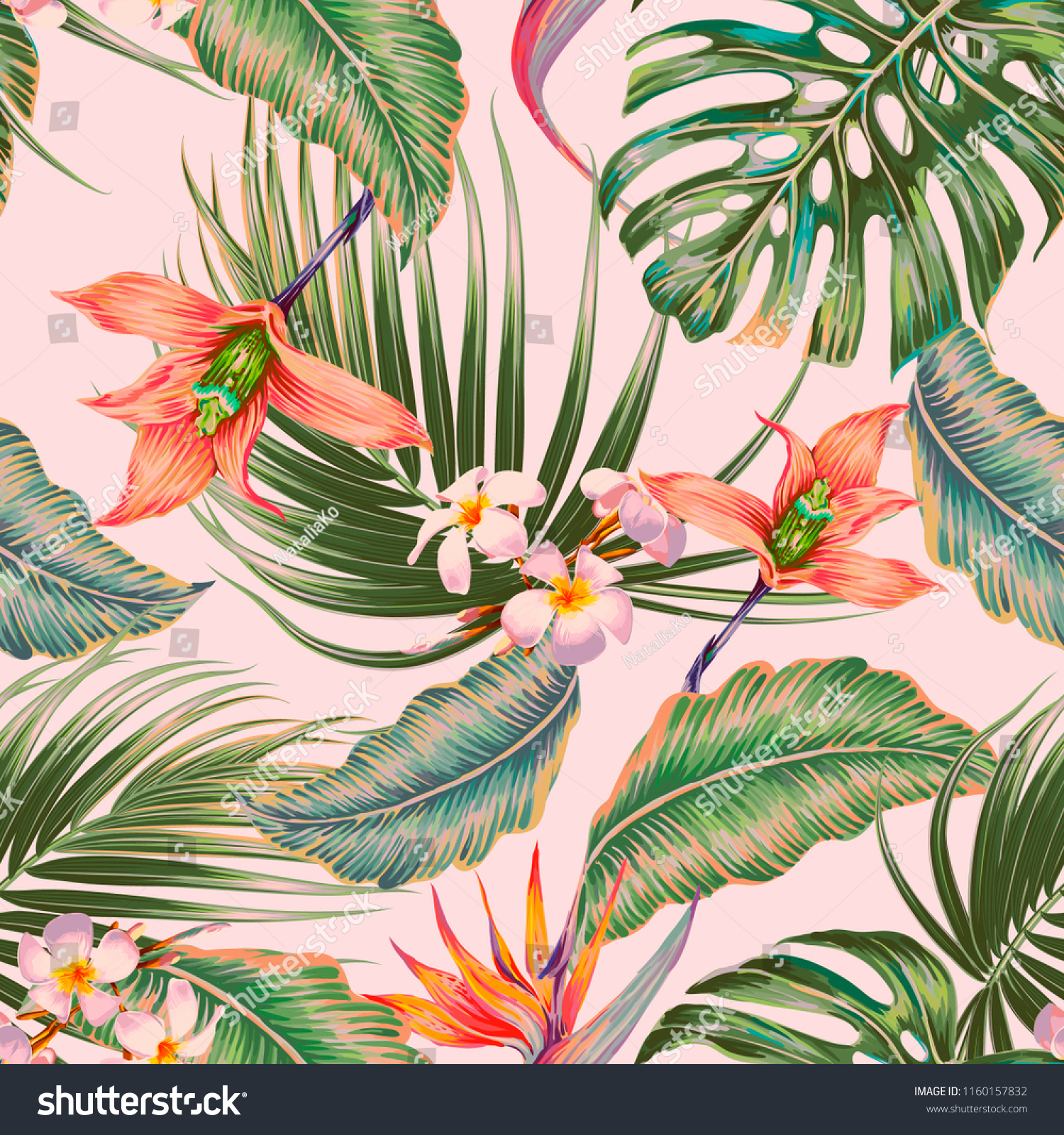 エキゾチックな花 ラン ヤシの葉 ジャングルの葉 極楽の花の鳥を持つ 花柄のシームレスなベクター熱帯パターン背景 植物性ビンテージ壁紙イラスト のベクター画像素材 ロイヤリティフリー