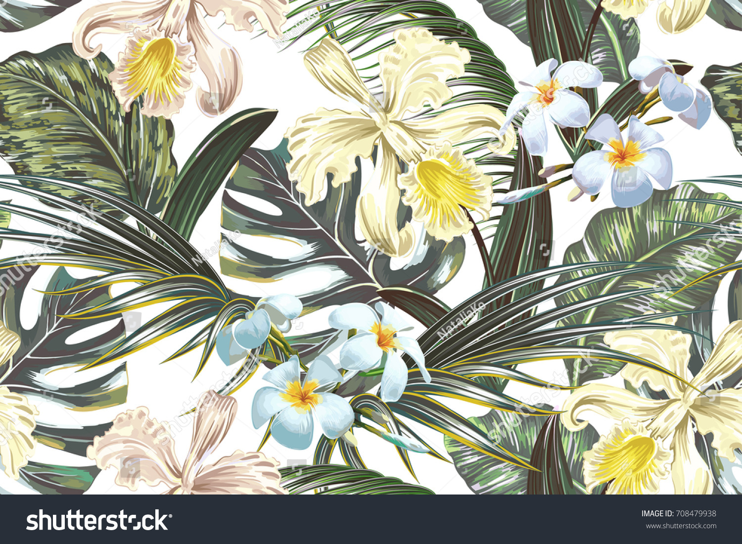夏の背景にエキゾチックな花 ヤシの葉 ジャングルの葉 ランの花を持つ 花柄のシームレスなベクター画像熱帯パターン ビンテージボタニカル壁紙 ハワイ風イラトス のベクター画像素材 ロイヤリティフリー