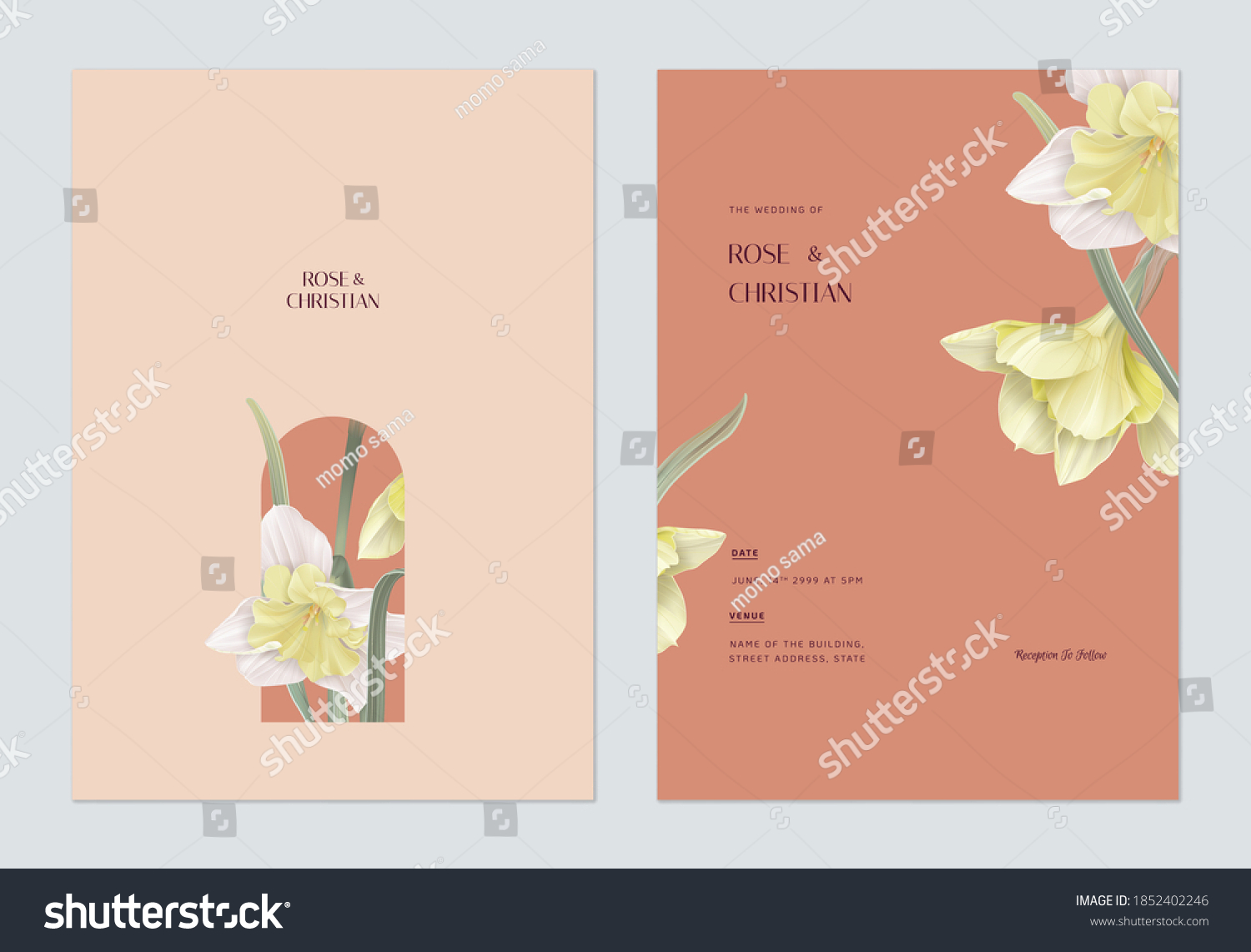 SVG of Floral wedding invitation card template design, Daffodil flowers with leaves on red svg