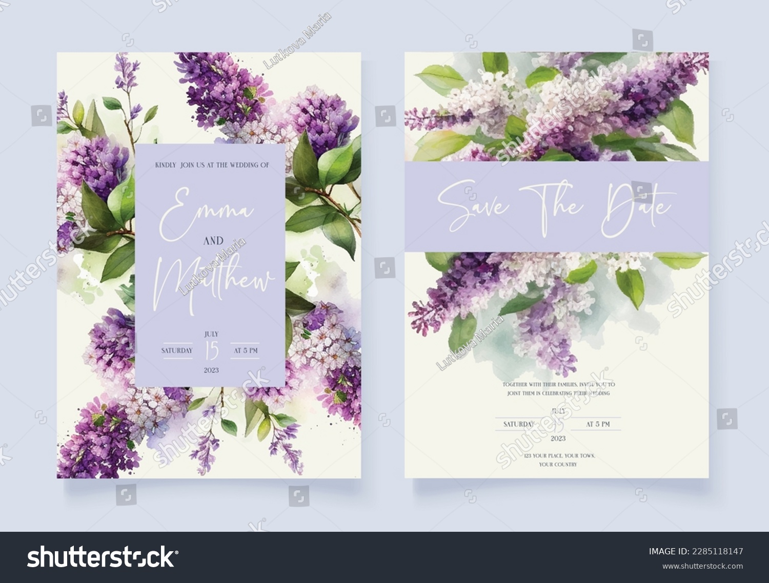 SVG of Floral Wedding invitation card. Watercolor lilac flowers. Vintage card. svg
