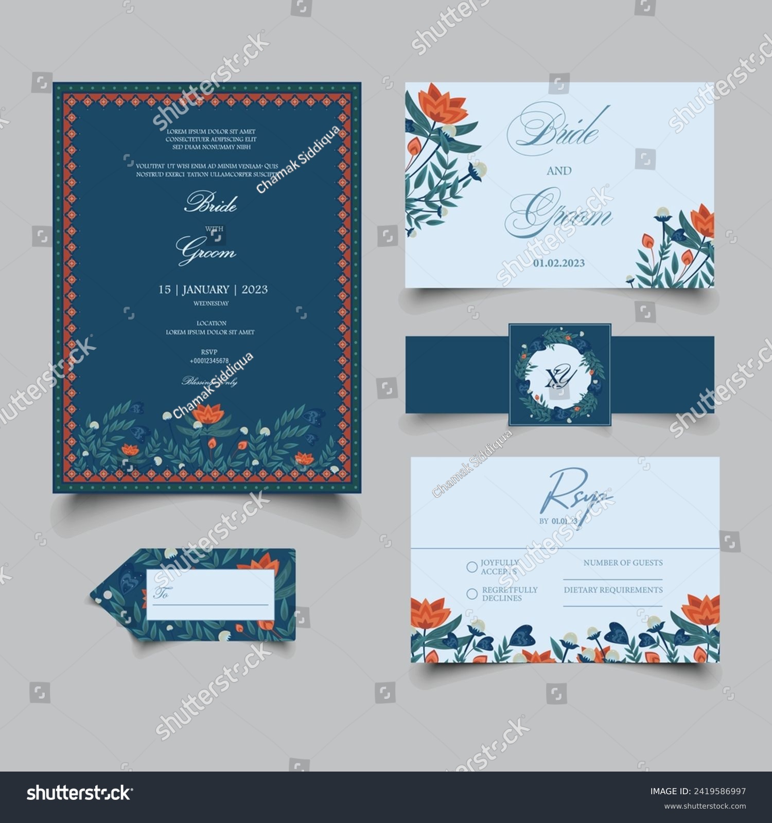 SVG of Floral Wedding Invitation set including Wedding Card, RSVP Card, Name-card, Thank you card, sticker with belly Band and Tag.  svg