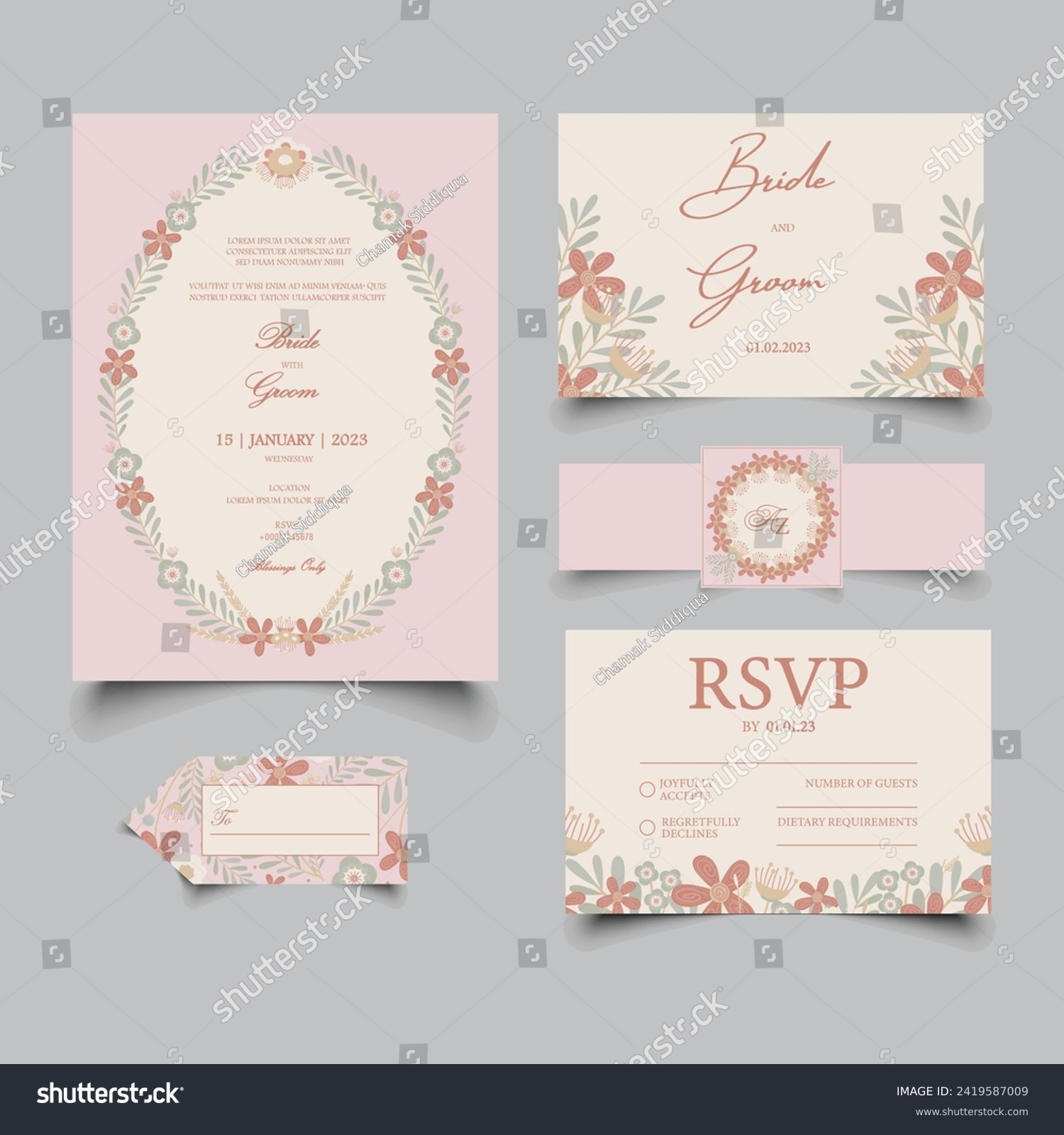 SVG of Floral Wedding Invitation set including Wedding Card, RSVP Card, Name-card, Thank you card, sticker with belly Band and Tag.  svg