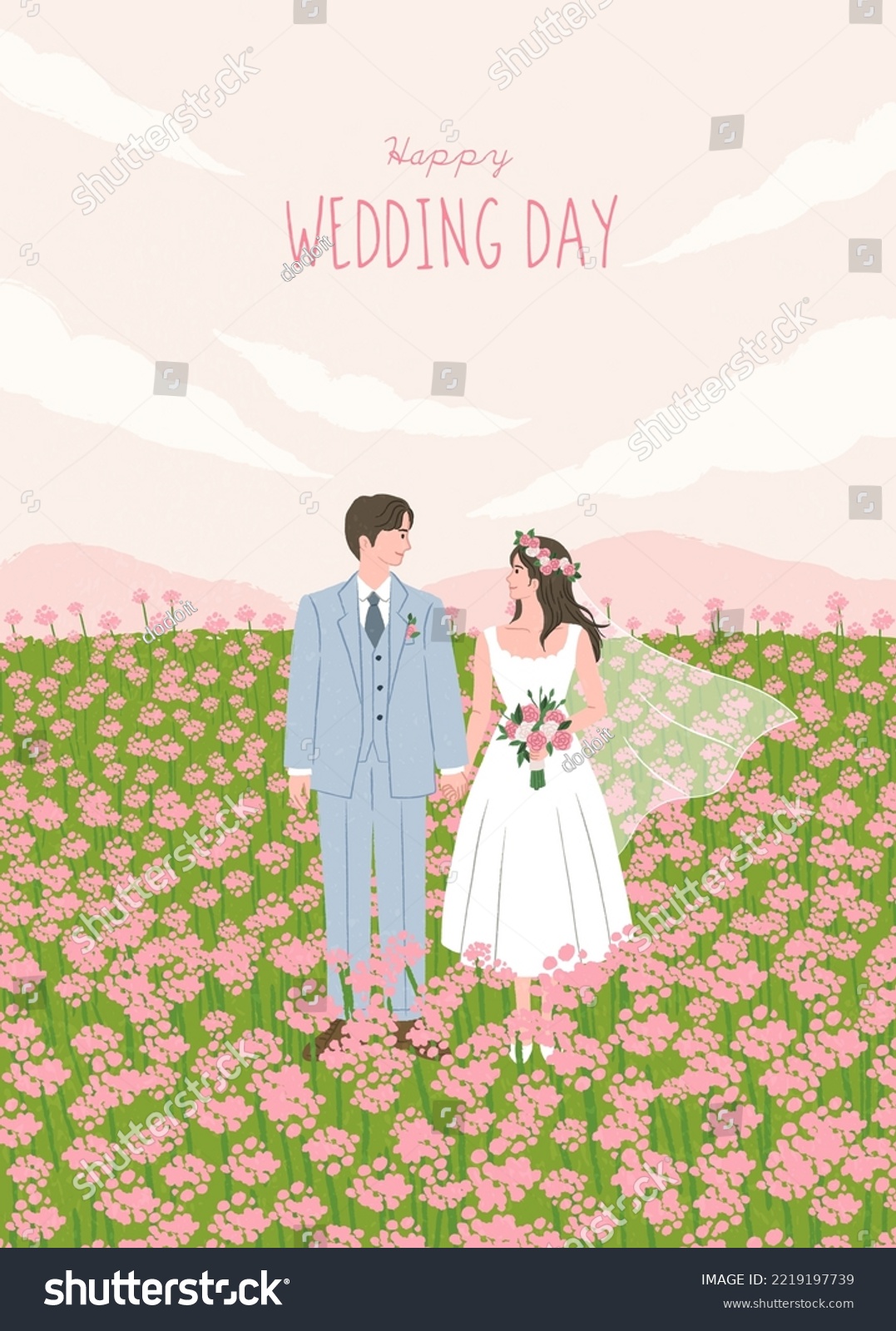 SVG of floral wedding invitation with bride and groom portrait illustration. landscape of Spring field and wild flowers. For poster, gift, print, card, banner, cover background. Hand drawn style. Flat vector svg