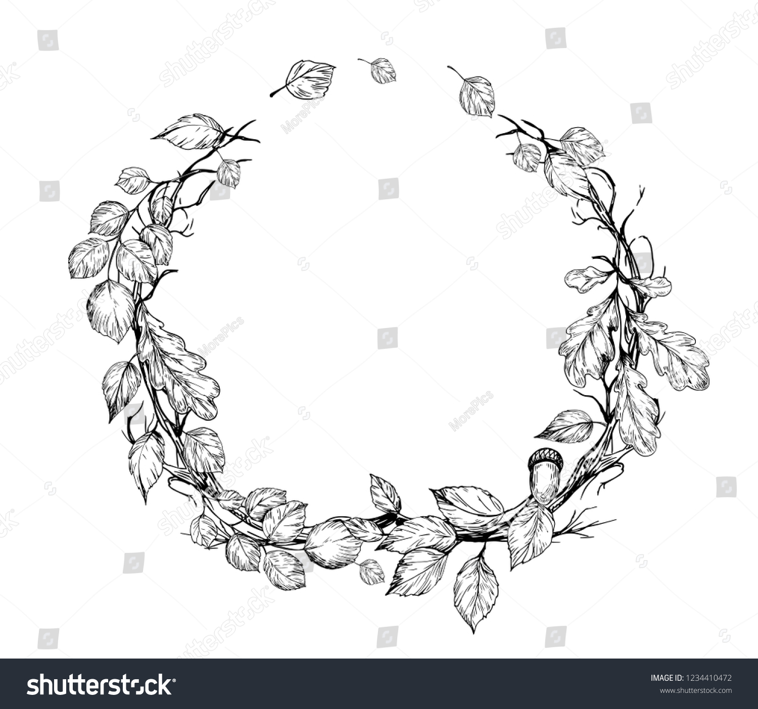 Floral Wreath Tree Leaves Hand Drawn Stock Vector (Royalty Free