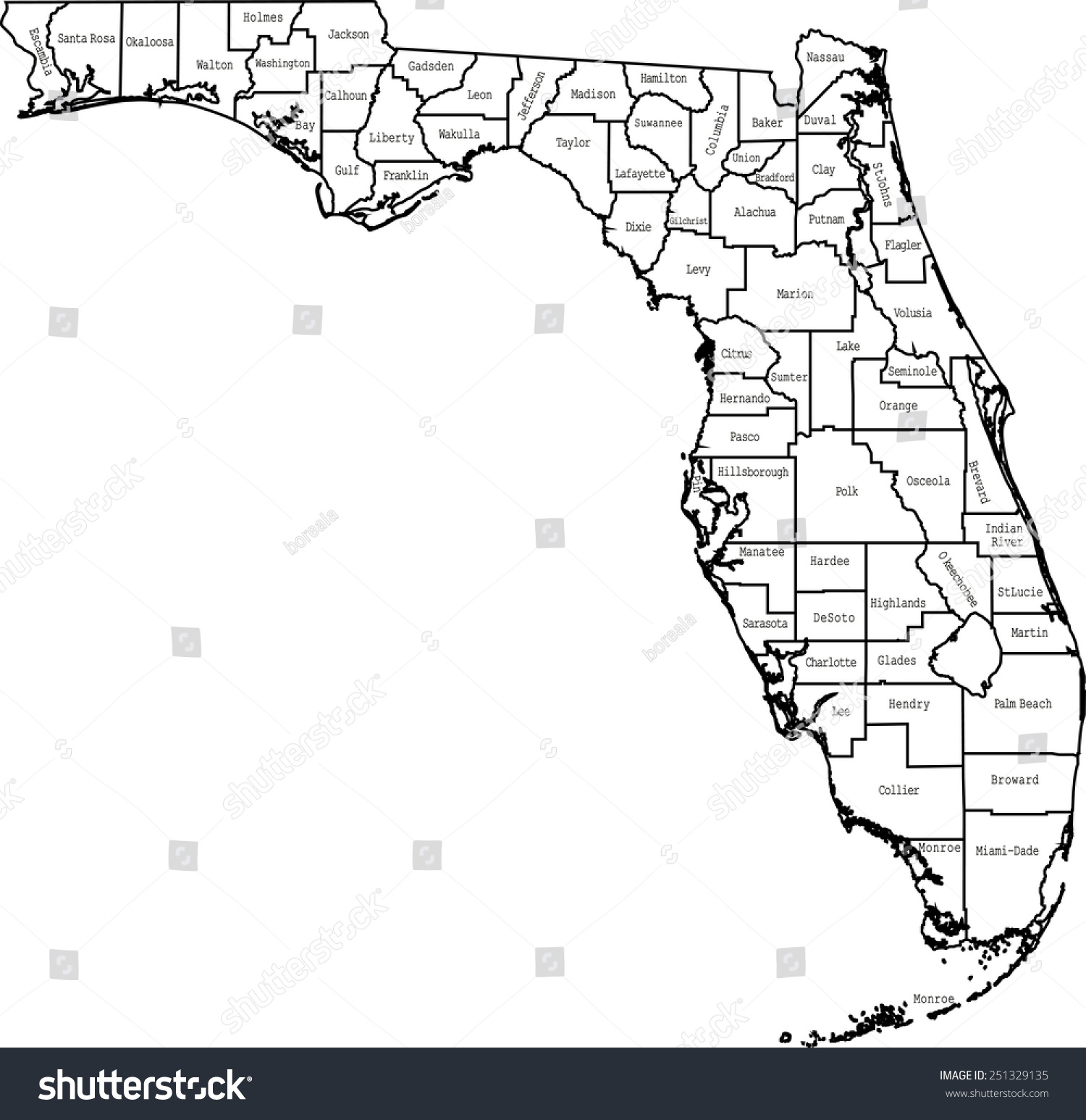 Florida Map Stock Vector (Royalty Free) 251329135 - Shutterstock