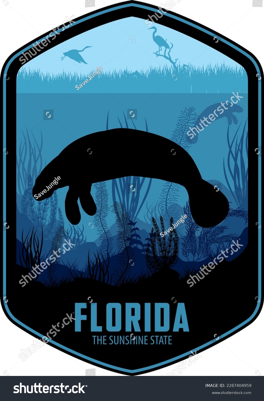 SVG of Florida vector label with Manatee and herons in swamp wetland sea coast svg