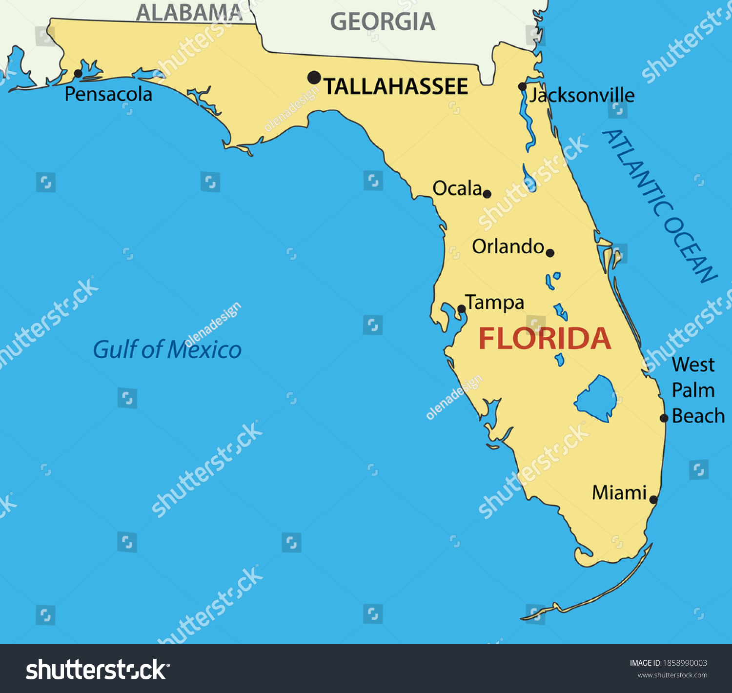 Florida Vector Map State Usa Stock Vector (royalty Free) 1858990003 