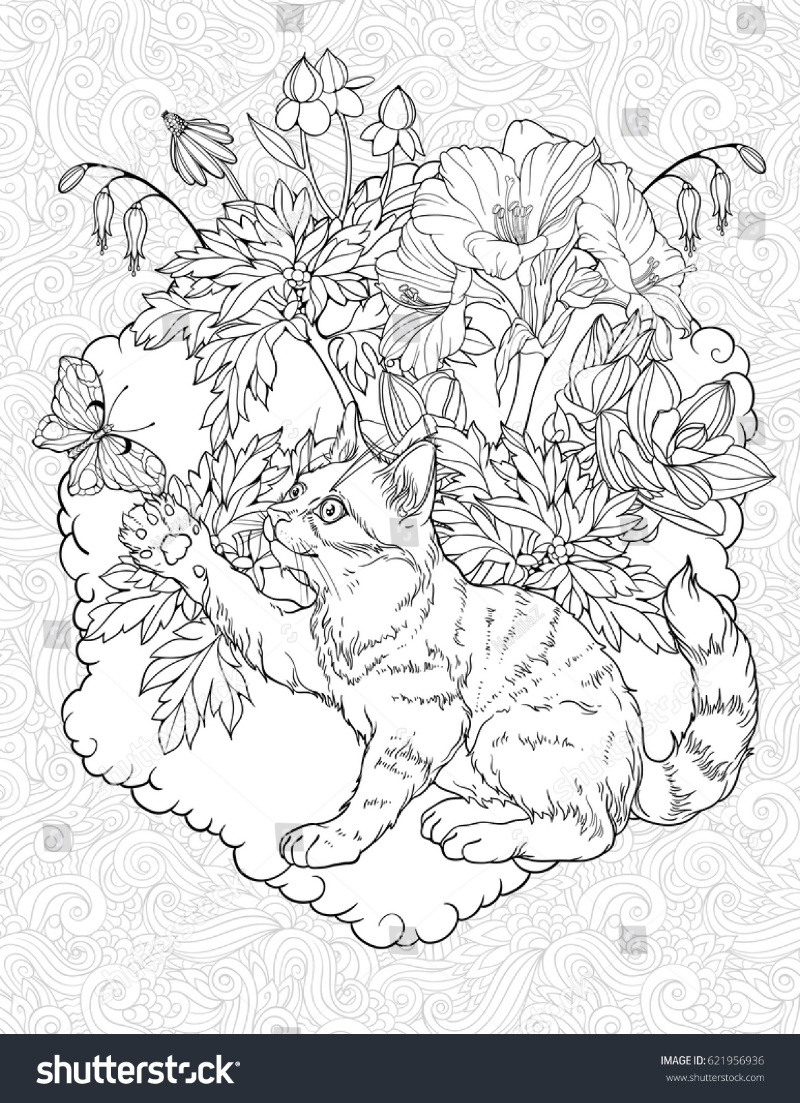 Floristic Coloring Page Cat Playing Butterfly Stock Vector (Royalty ...