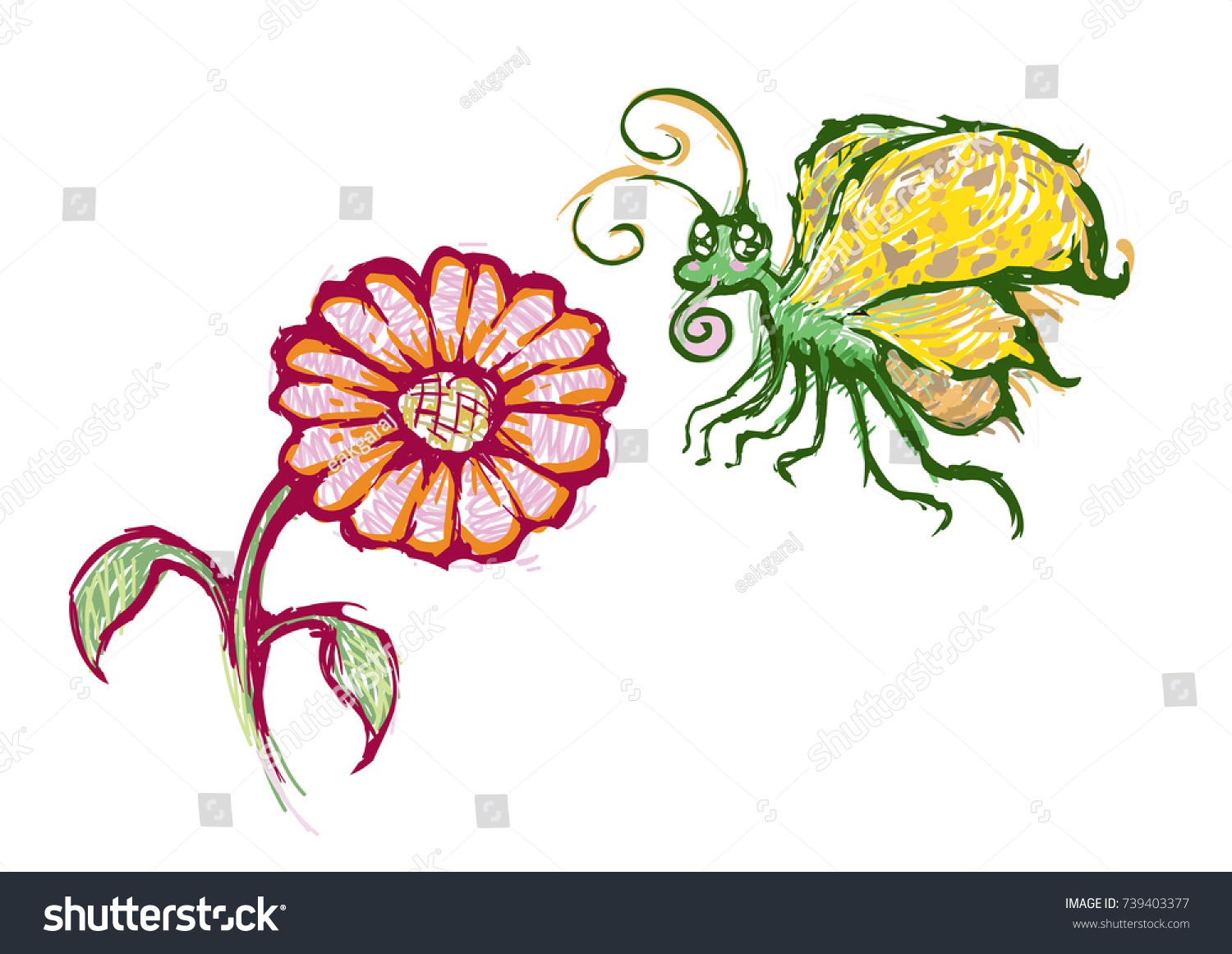 Flower Butterfly Hand Drawn Drawing Cartoon Stock Vector Royalty Free
