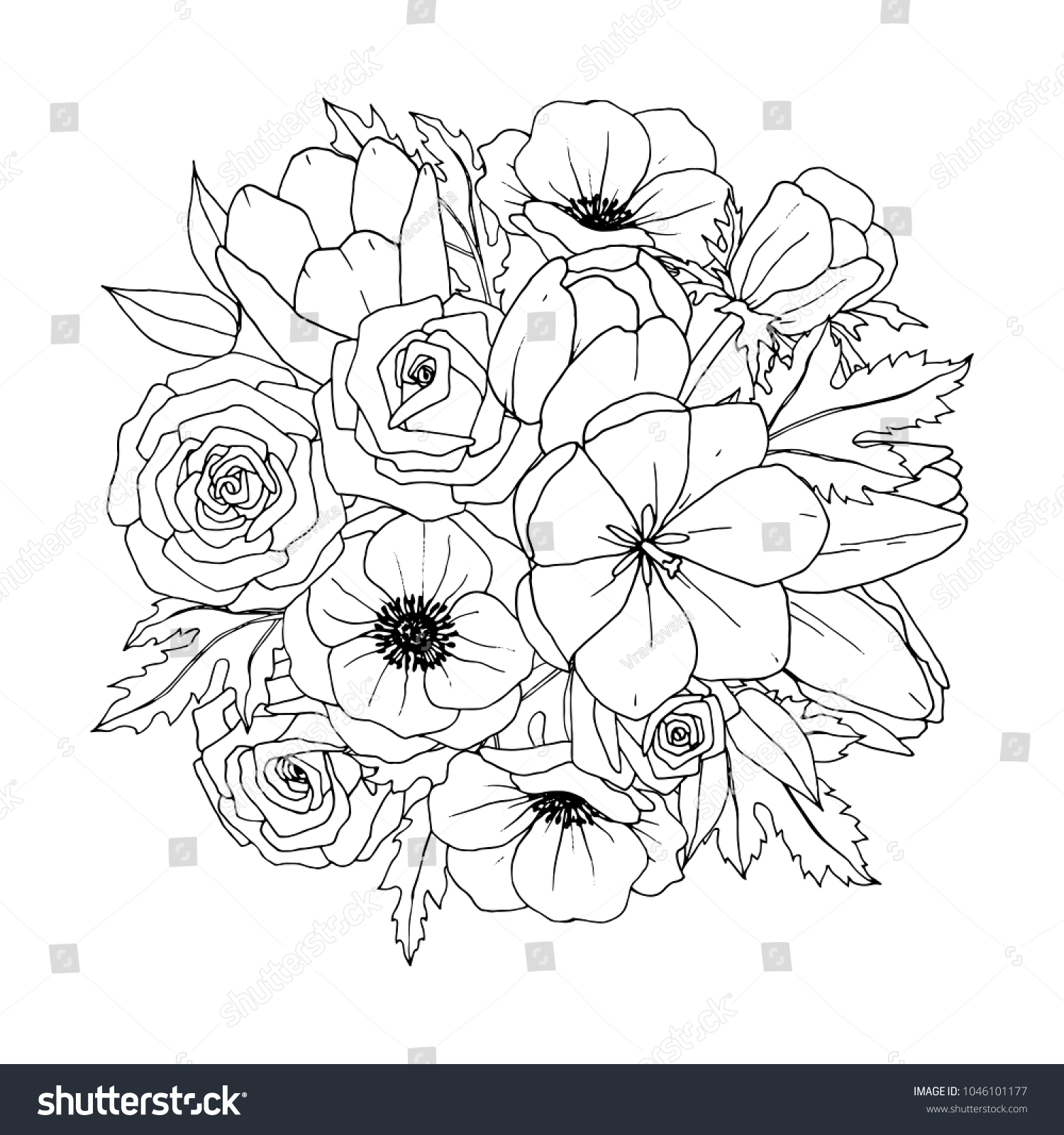 Flower Bouquet Vector Coloring Book Adult Stock Vector (Royalty Free ...