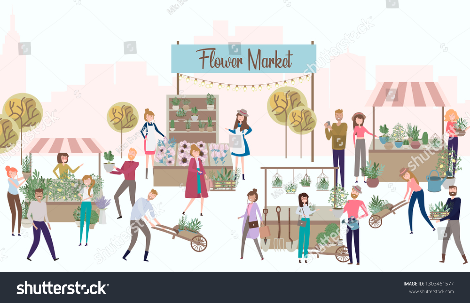 Flower Market Poster People Selling Shopping Stock Vector Royalty Free 1303461577