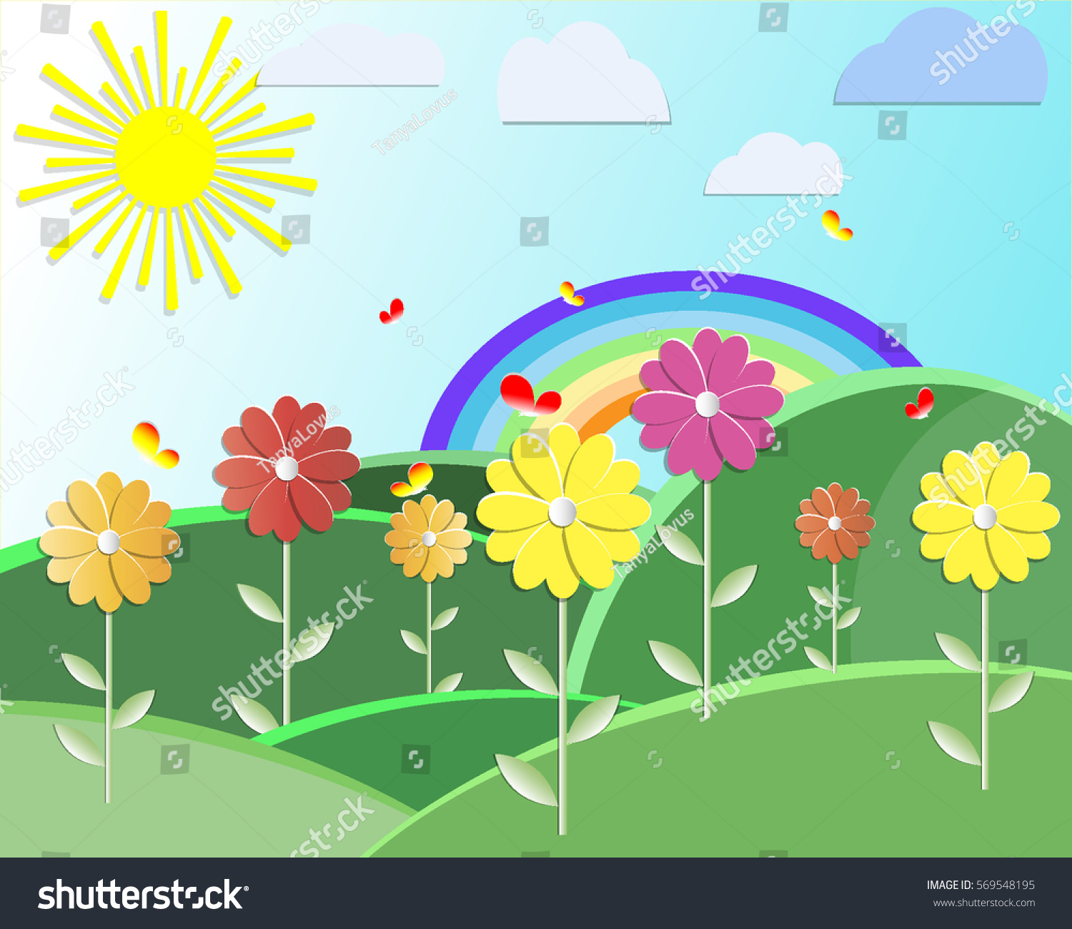 Flower Meadow Cartoon Rainbow Sun Vector Stock Vector (Royalty Free ...