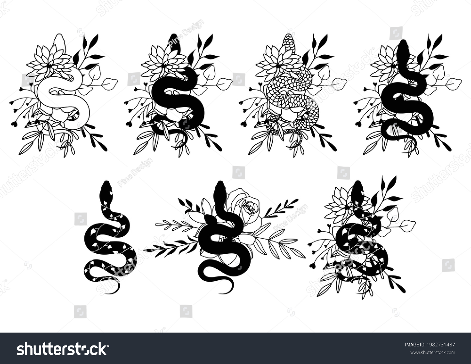 SVG of Flower Snake, floral boho snake vector illustration set. Snake on wildflowers svg, tattoo design svg