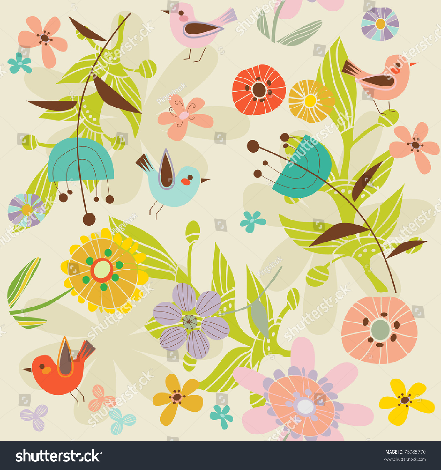 Flowers Birds Stock Vector 76985770 - Shutterstock