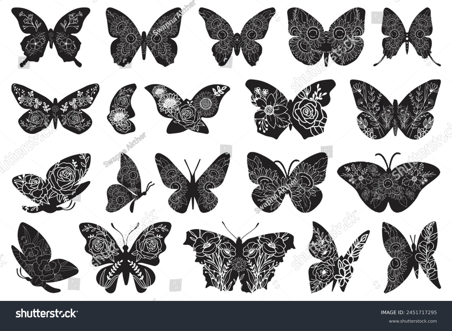 SVG of Flowers and butterfly design Bundle.. Floral butterfly silhouette set Bundle. Vector monochrome illustration isolated on a white background. Various moths with flower wings Bundle. svg