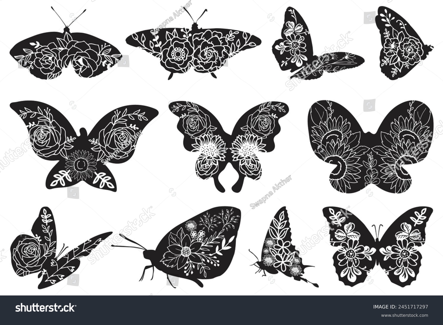 SVG of Flowers and butterfly design Bundle.. Floral butterfly silhouette set Bundle. Vector monochrome illustration isolated on a white background. Various moths with flower wings Bundle. svg