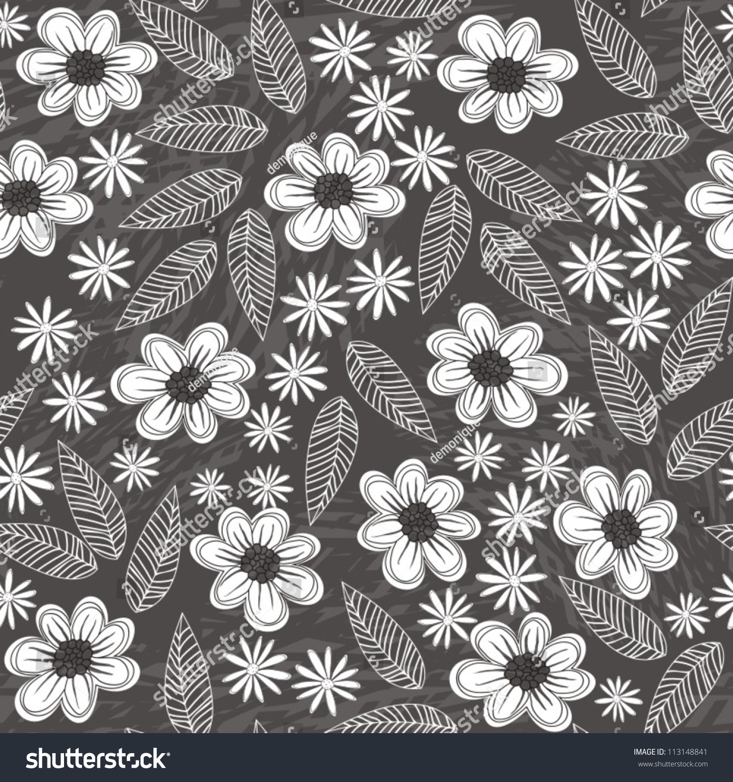 Flowers And Leaves On Dark Gray Background Seamless Pattern Stock ...