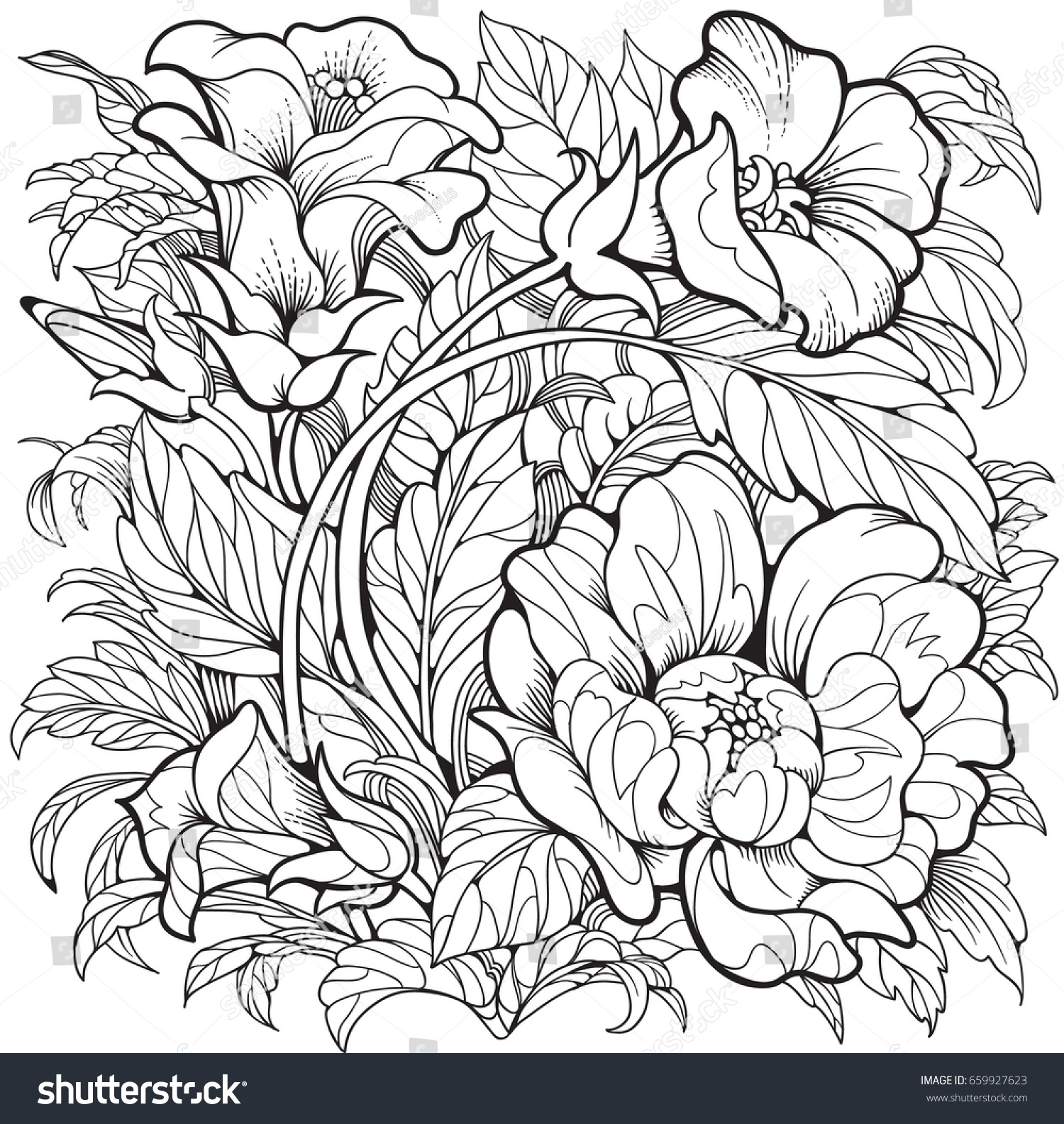 Flowers Coloring Page Line Art Drawing Stock Vector ...