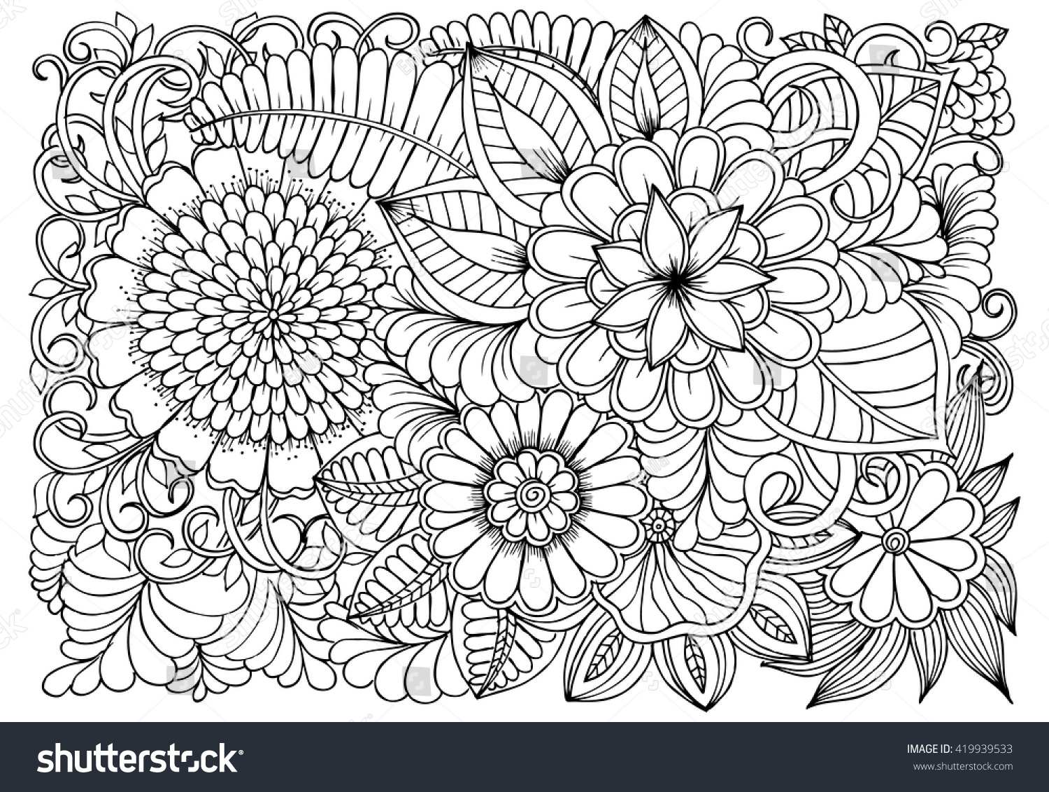 Flowers Black White Coloring Doodle Art Stock Vector Royalty Free