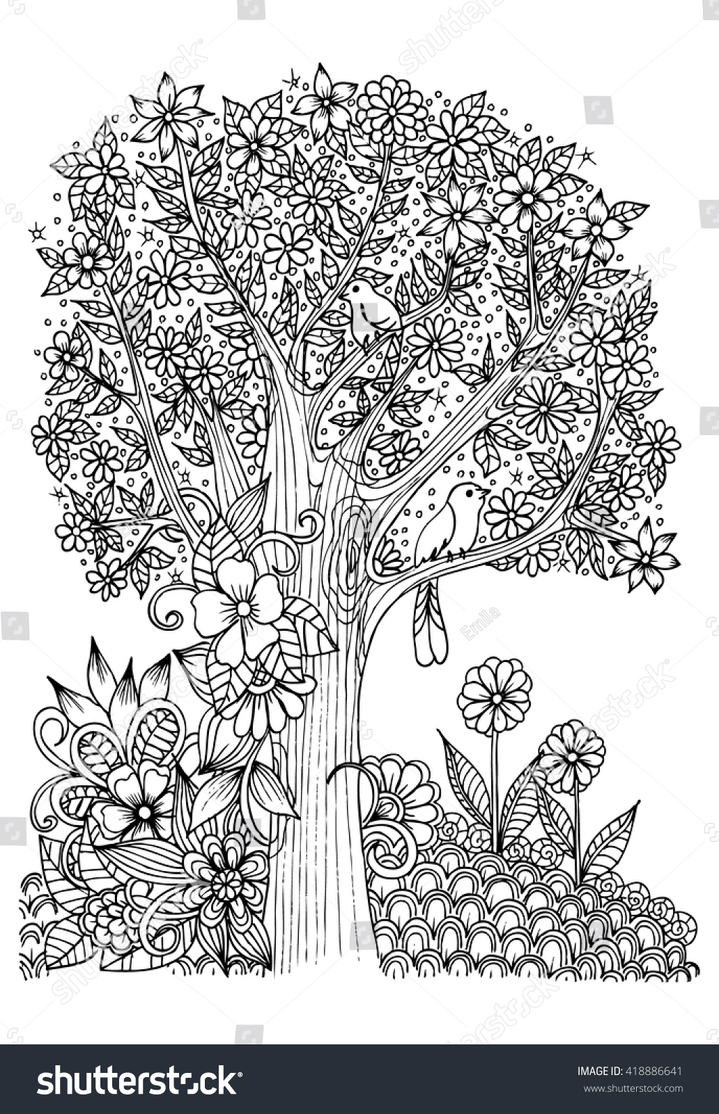 Flowers Black White Tree Birds Doodle Stock Vector Royalty Free