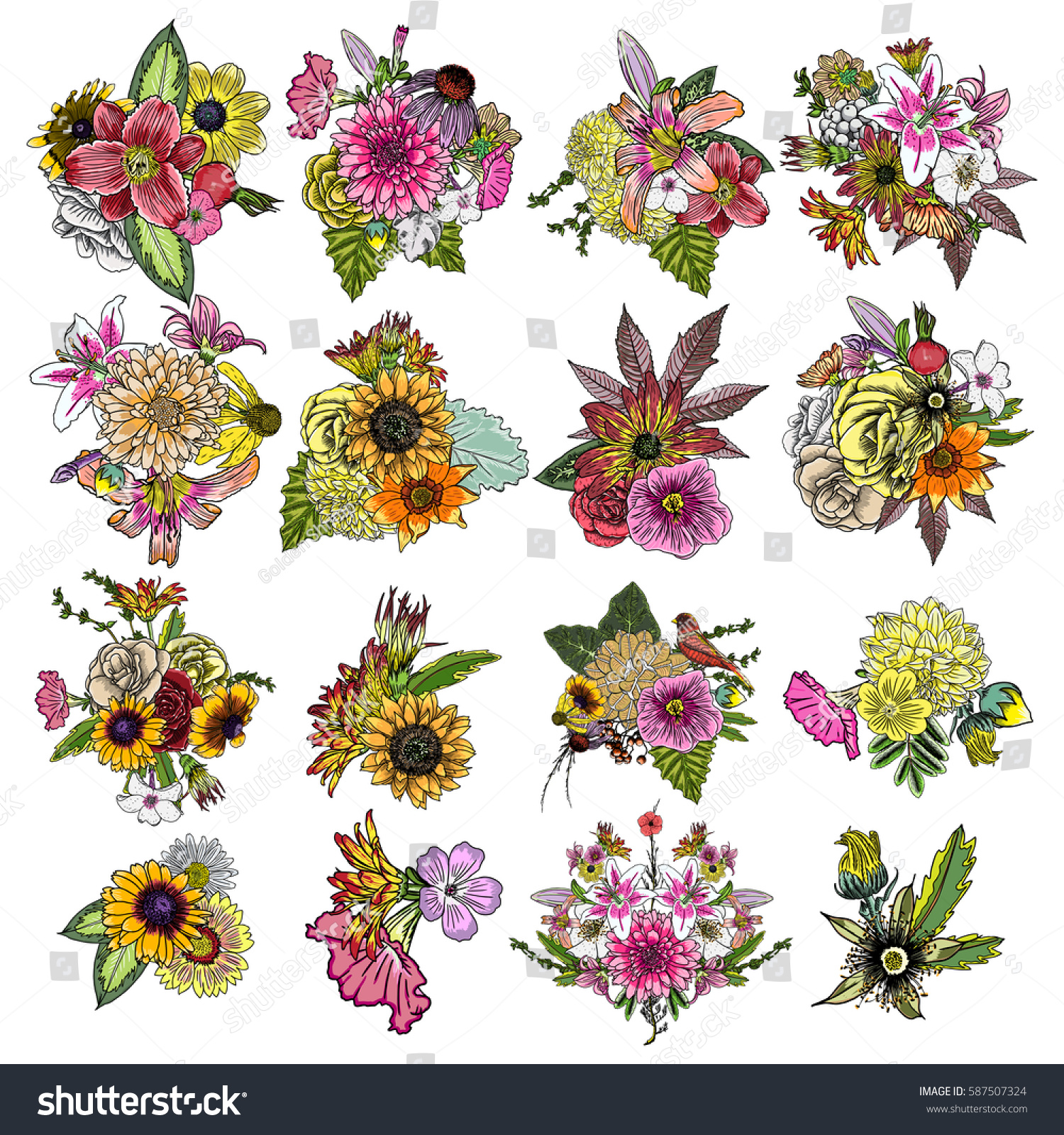 Flowers Set 16 Bouquets Floral Collection Stock Vector ...