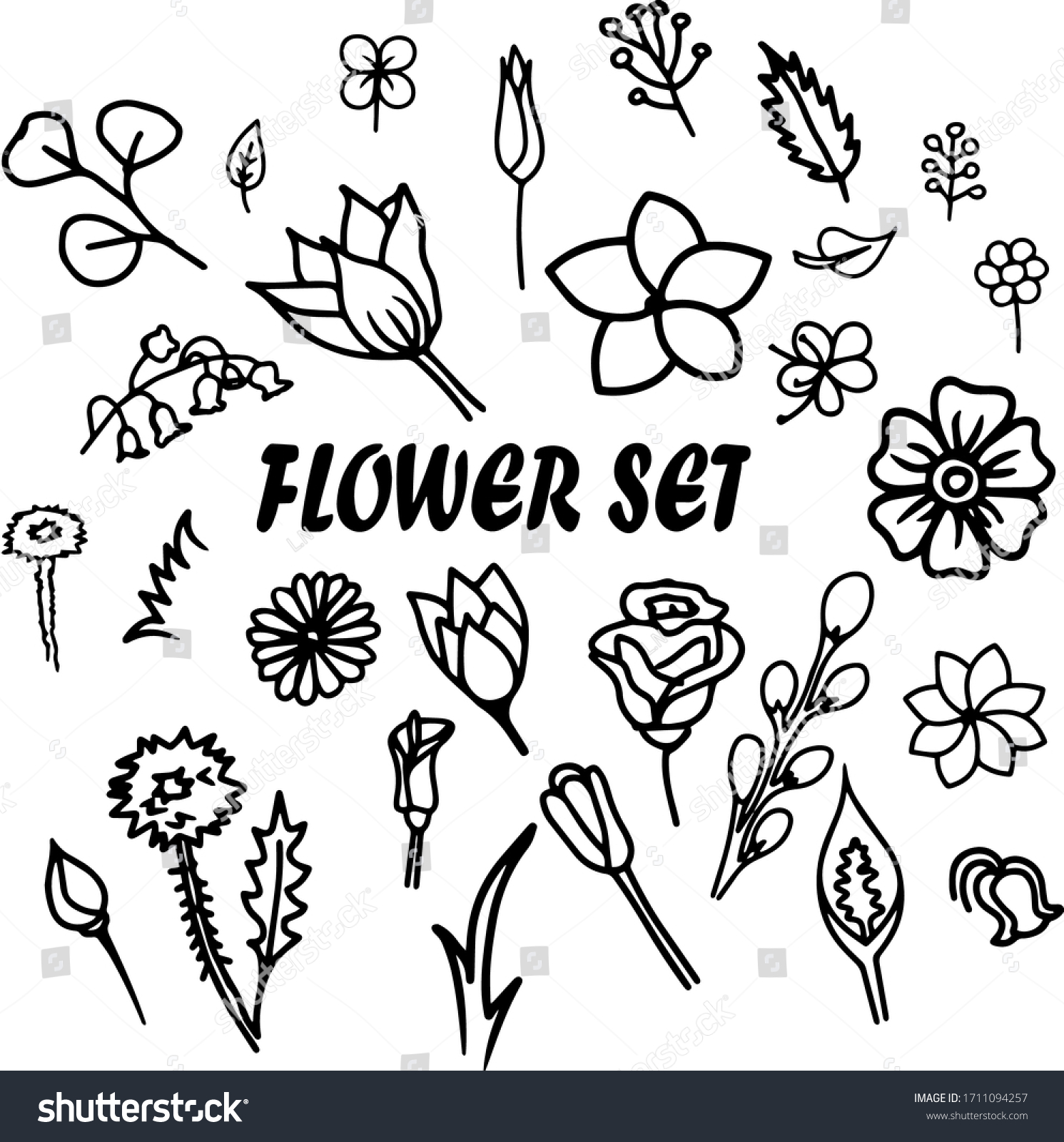 Flowers Vector Doodle Set Black White Stock Vector (Royalty Free ...