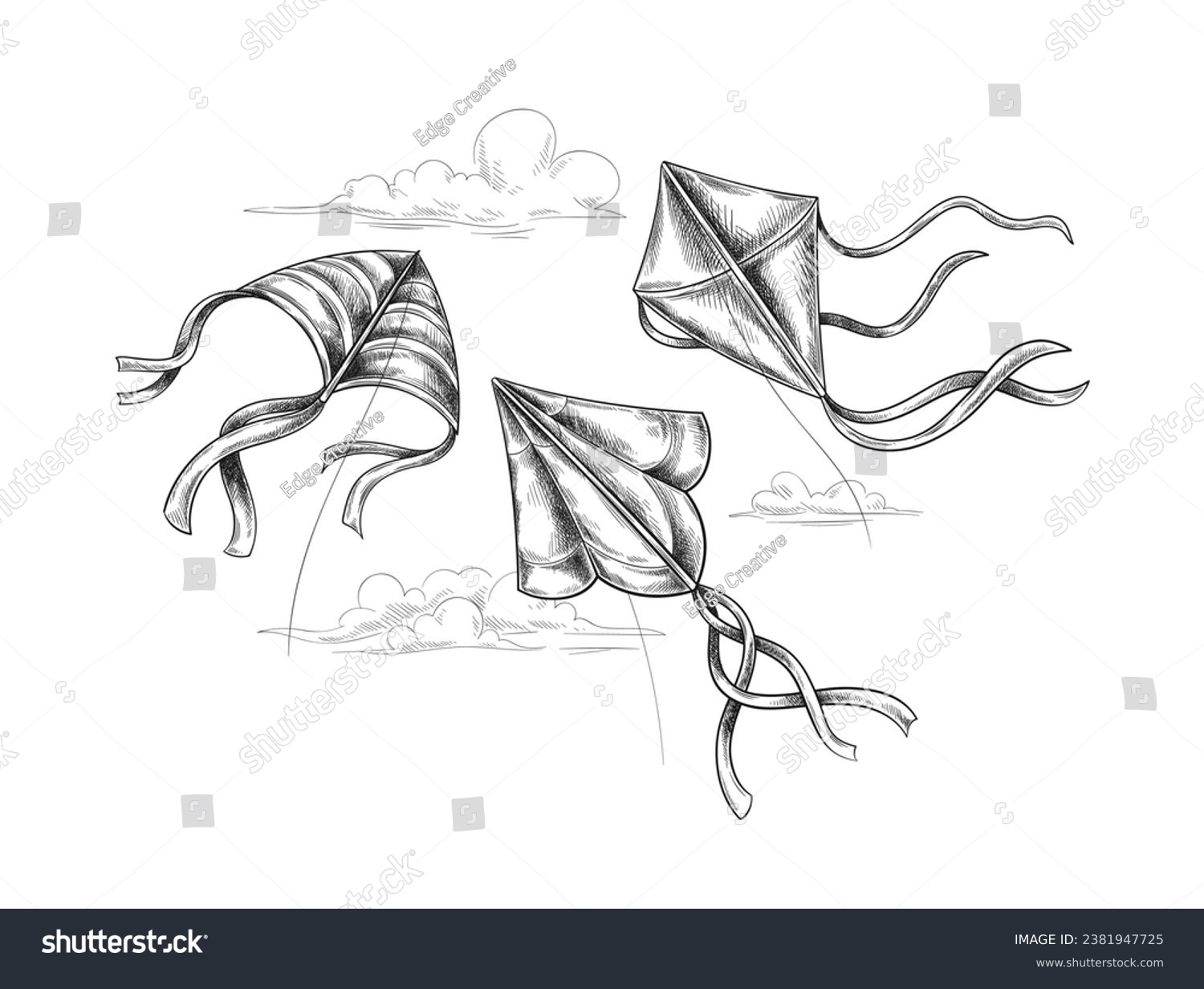 SVG of Fly kite in sky concept. Colorful toys at strings. Minimalistic creativity and art. Hand drawn sketch. Poster or banner for website. Linear flat vector illustration isolated on white background svg