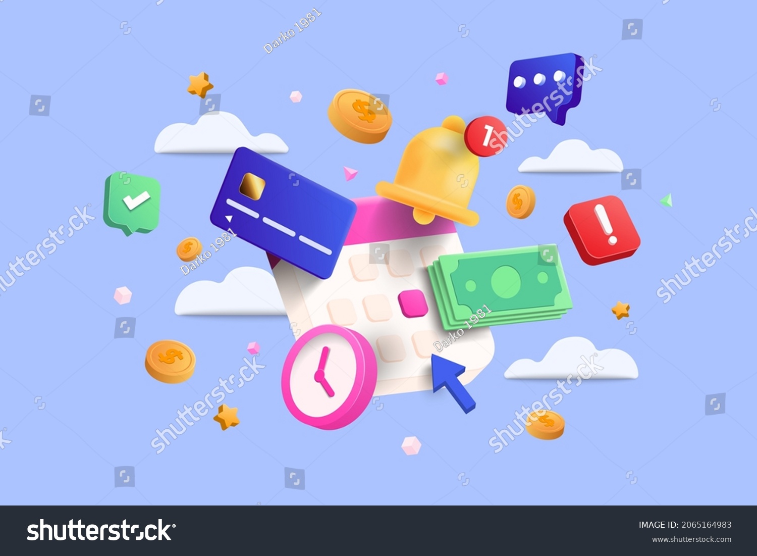 SVG of Flying calendar, checkbook, with coins, clock and credit card on blue isolated background symbolizing quick loan. Fast money concept. 3d vector illustration svg