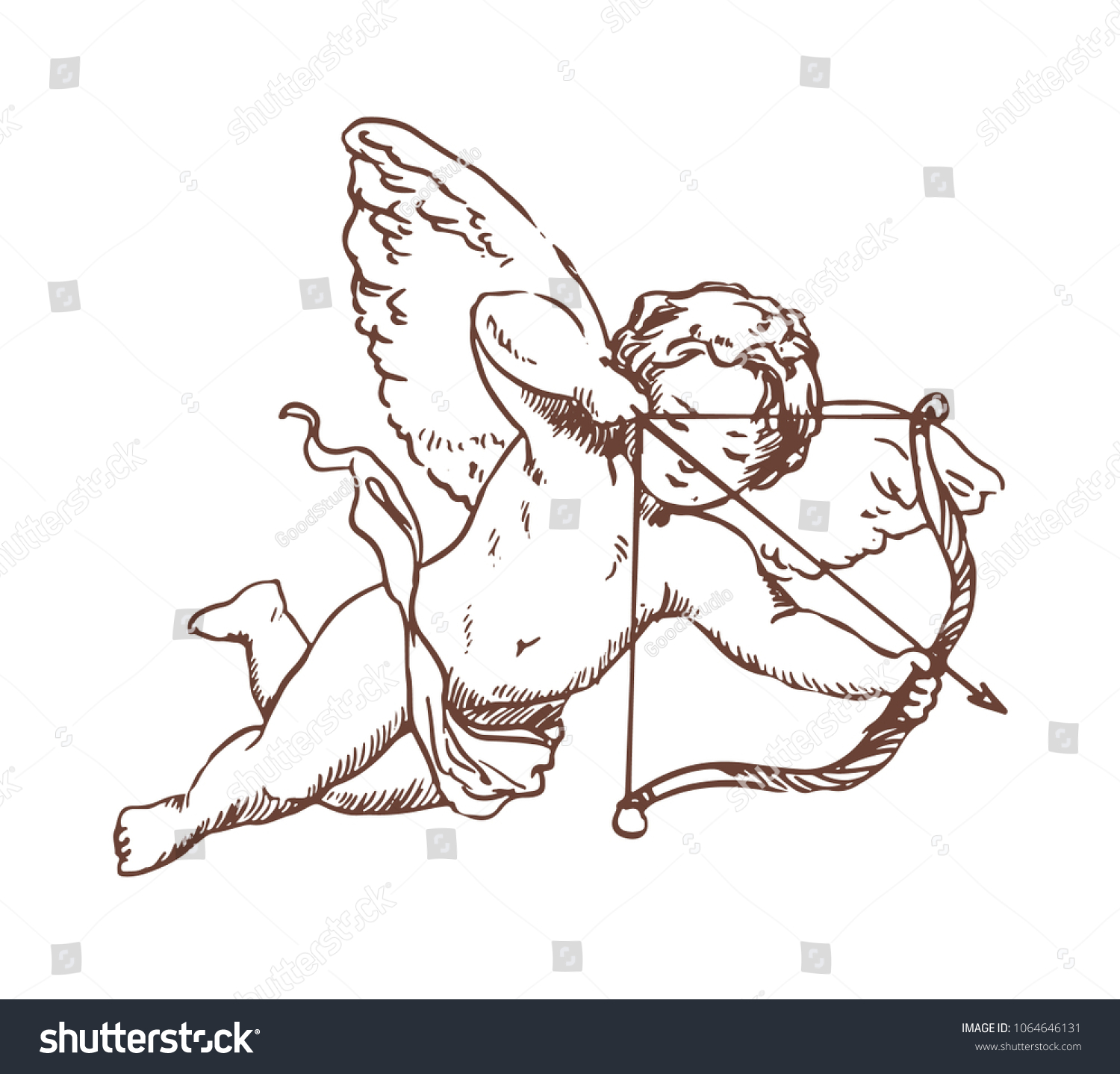 SVG of Flying Cupid holding bow and aiming or shooting arrow hand drawn with contour lines on white background. God of love, Amor, Eros or mythological character with wings. Monochrome vector illustration. svg