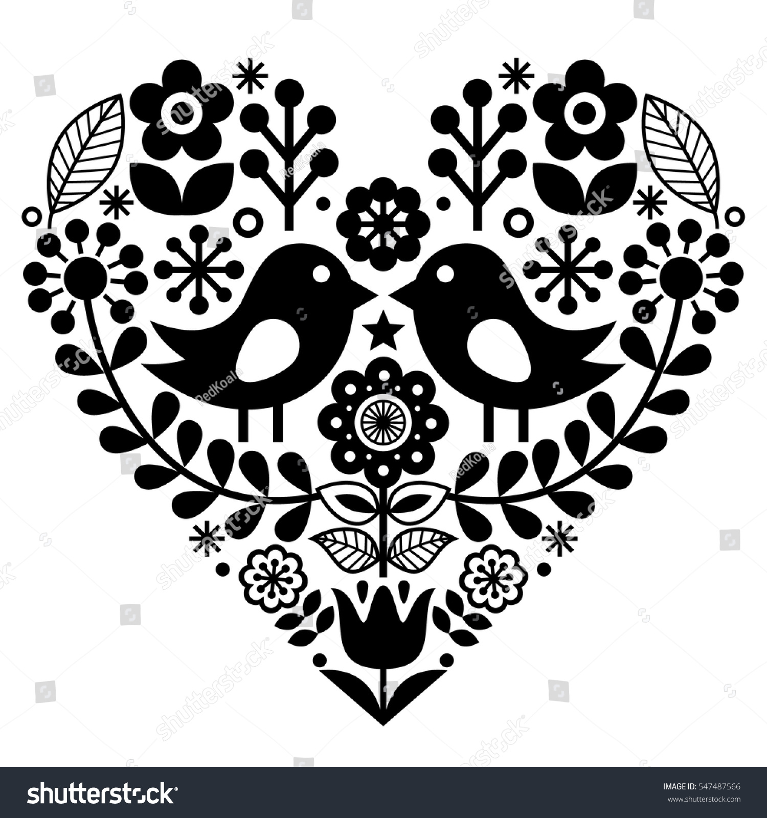 Folk art pattern with birds and flowers Finnish inspired Valentine s Day