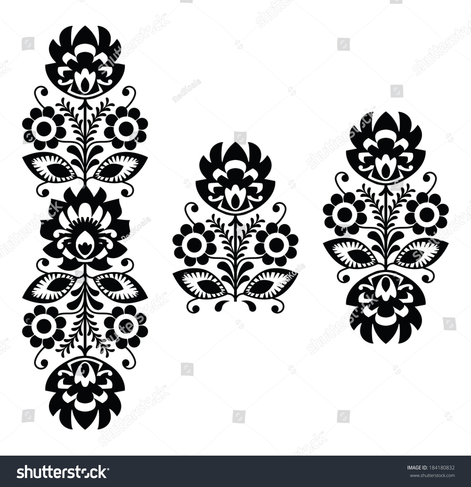 Folk Embroidery - Floral Traditional Polish Pattern In Black And White ...