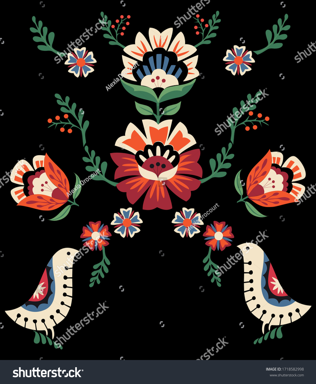 Folk Gypsy Design Embroidery Flowers Birds Stock Vector Royalty Free 1718582998