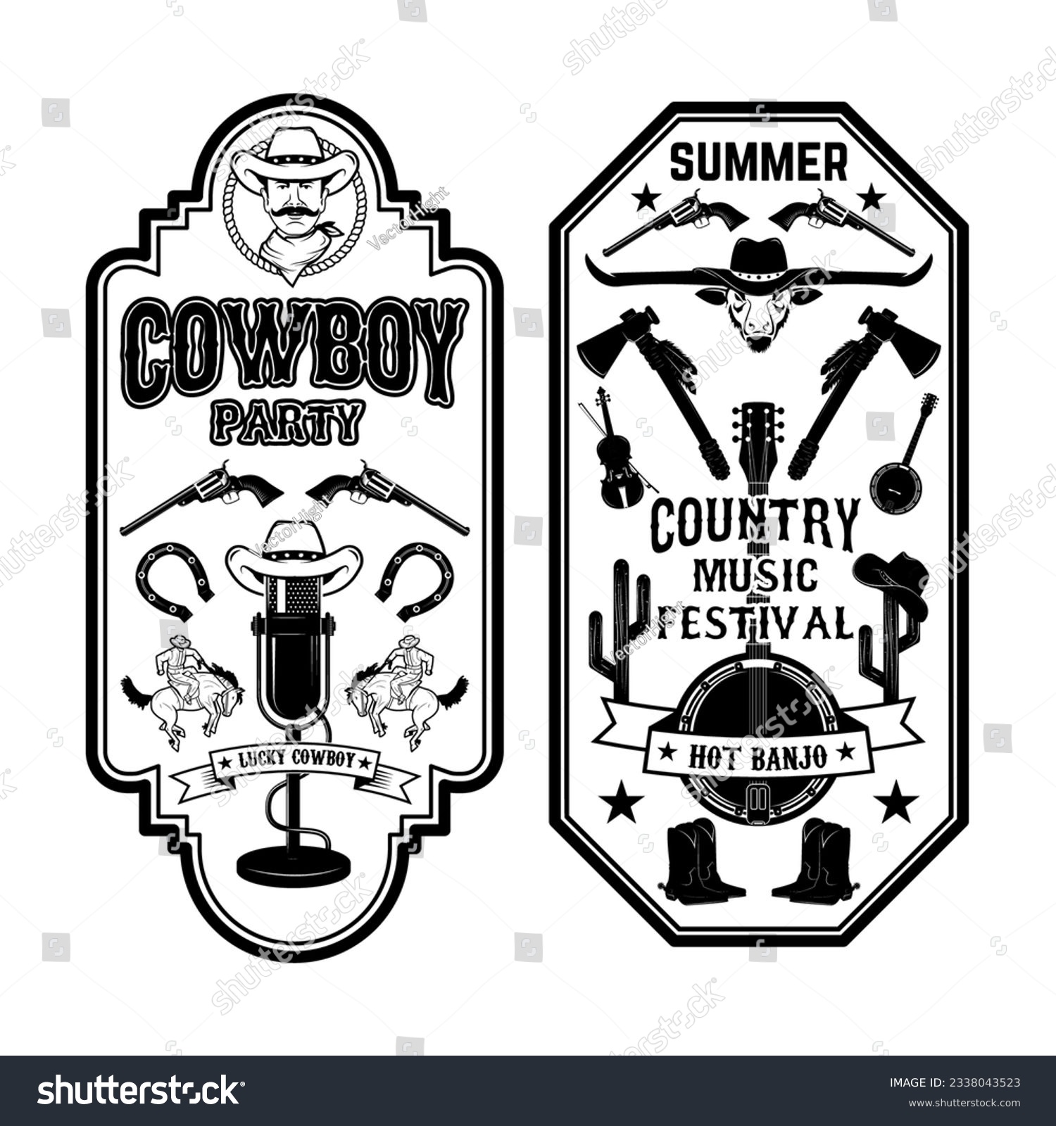 SVG of Folk rock party. Summer country music festival flyer template. Cowboys, banjo, old style microphone. Vector illustration. svg