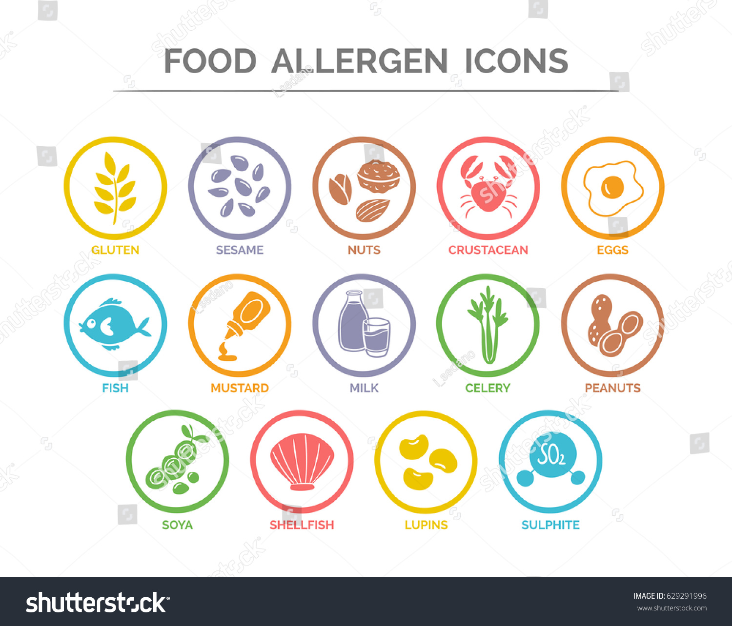 SVG of Food allergen icon set. 14 food ingredients that must be declared as allergens in the EU. Useful for restaurants and meals. Colorful silhouette version. svg