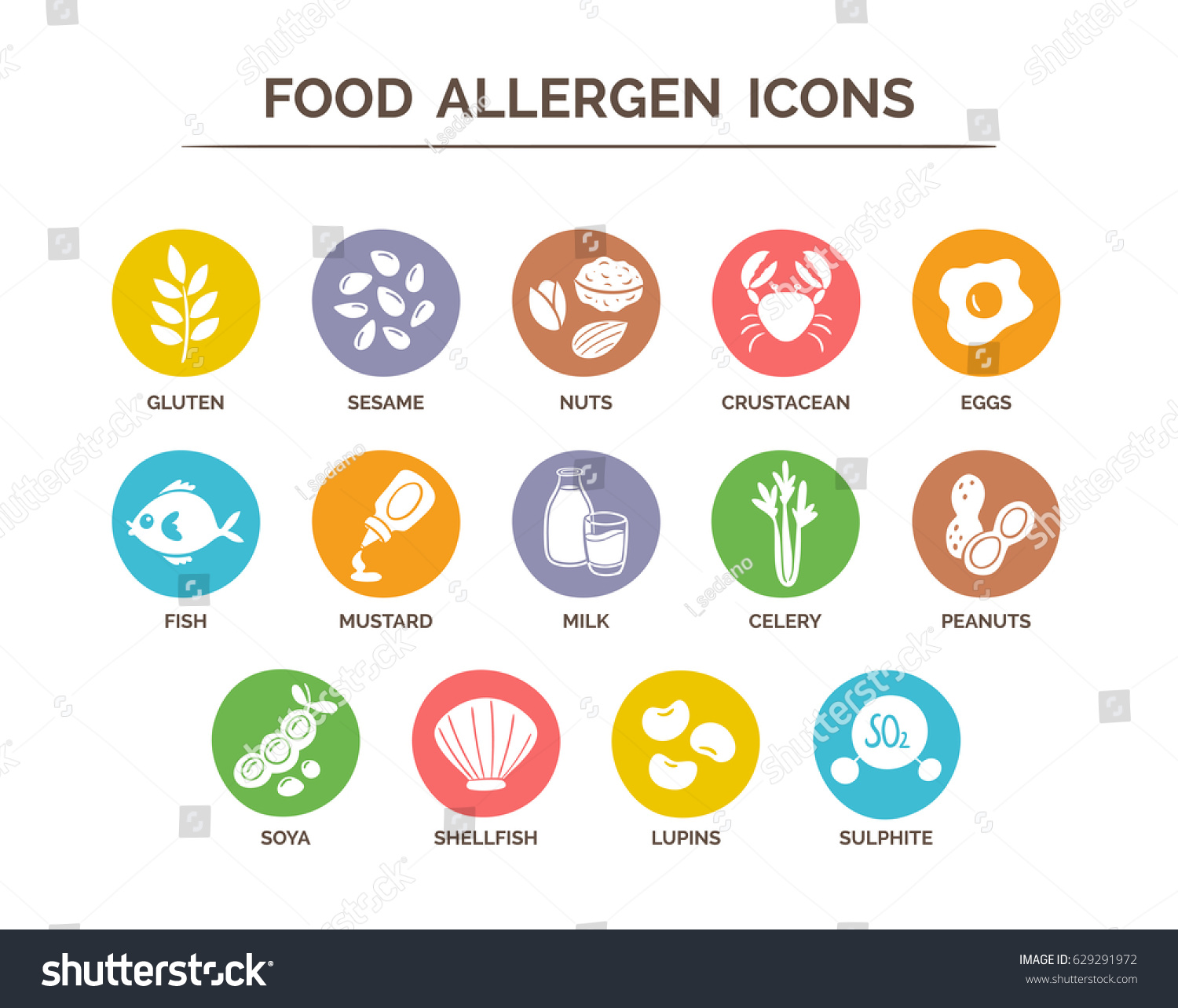 SVG of Food allergen icons set. 14 food ingredients that must be declared as allergens in the EU. EPS 10 vector. Useful for restaurants and meals. svg