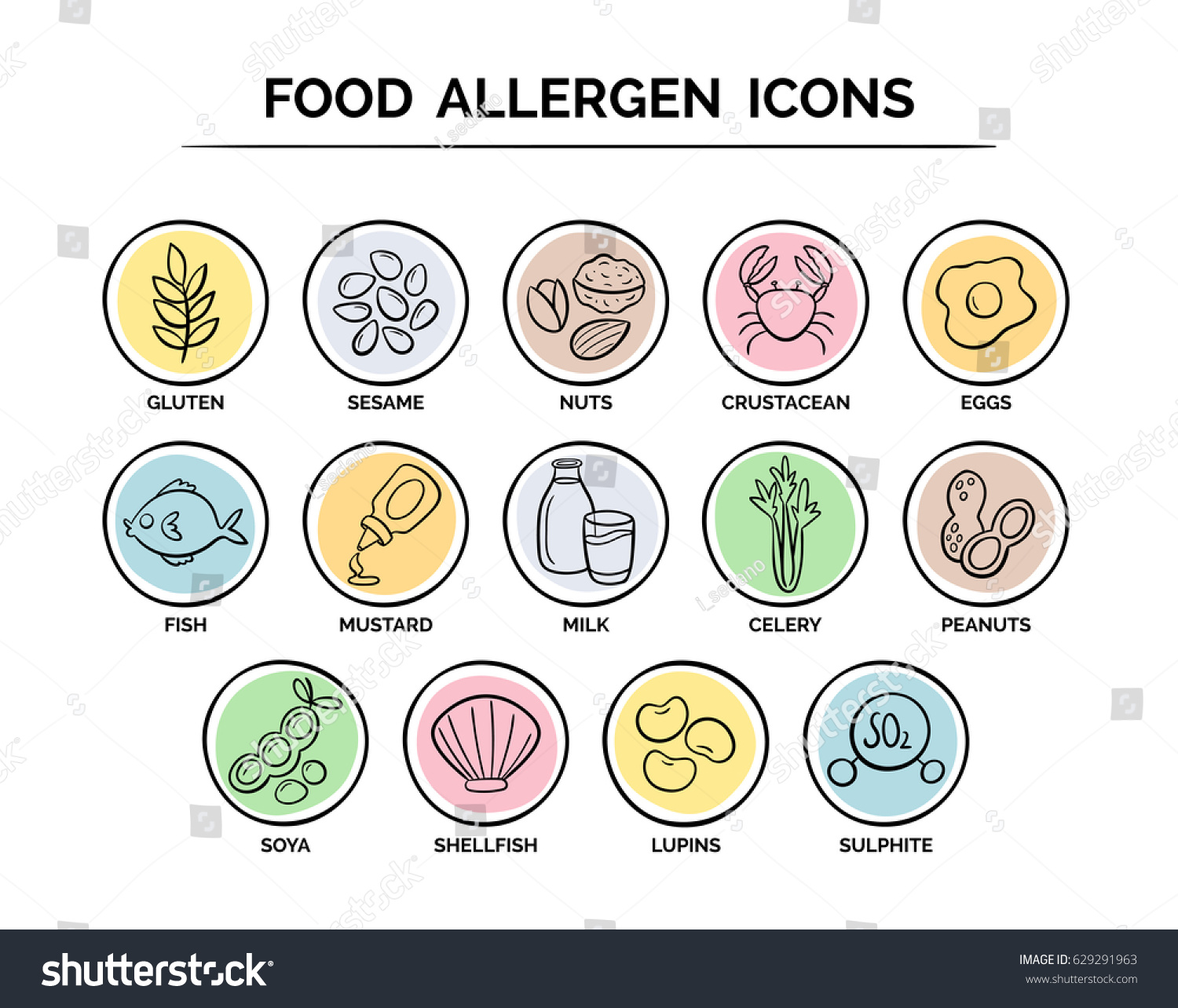 SVG of Food allergen icons set. 14 food ingredients that must be declared as allergens in the EU. Useful for restaurants and meals. Hand drawn doodle version. svg