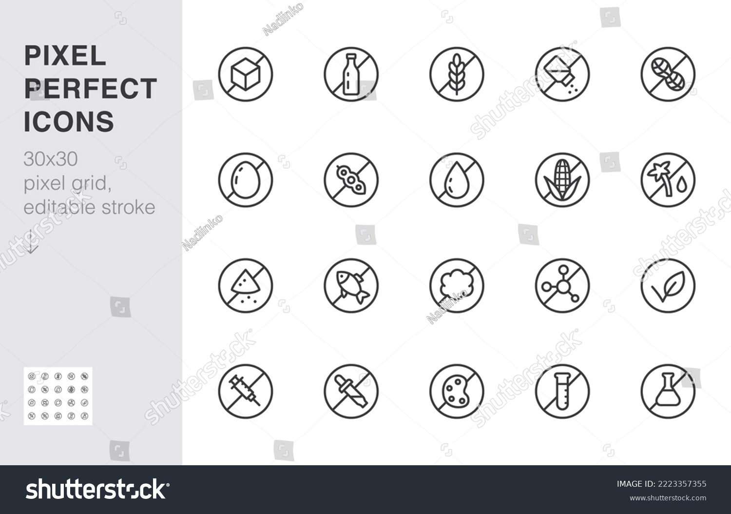 SVG of Food allergen line icon set. Gluten free, sugar, lactose, hormone, without peanut, no soy, fat minimal vector illustration. Simple outline sign for meal label. 30x30 Pixel Perfect, Editable Stroke svg