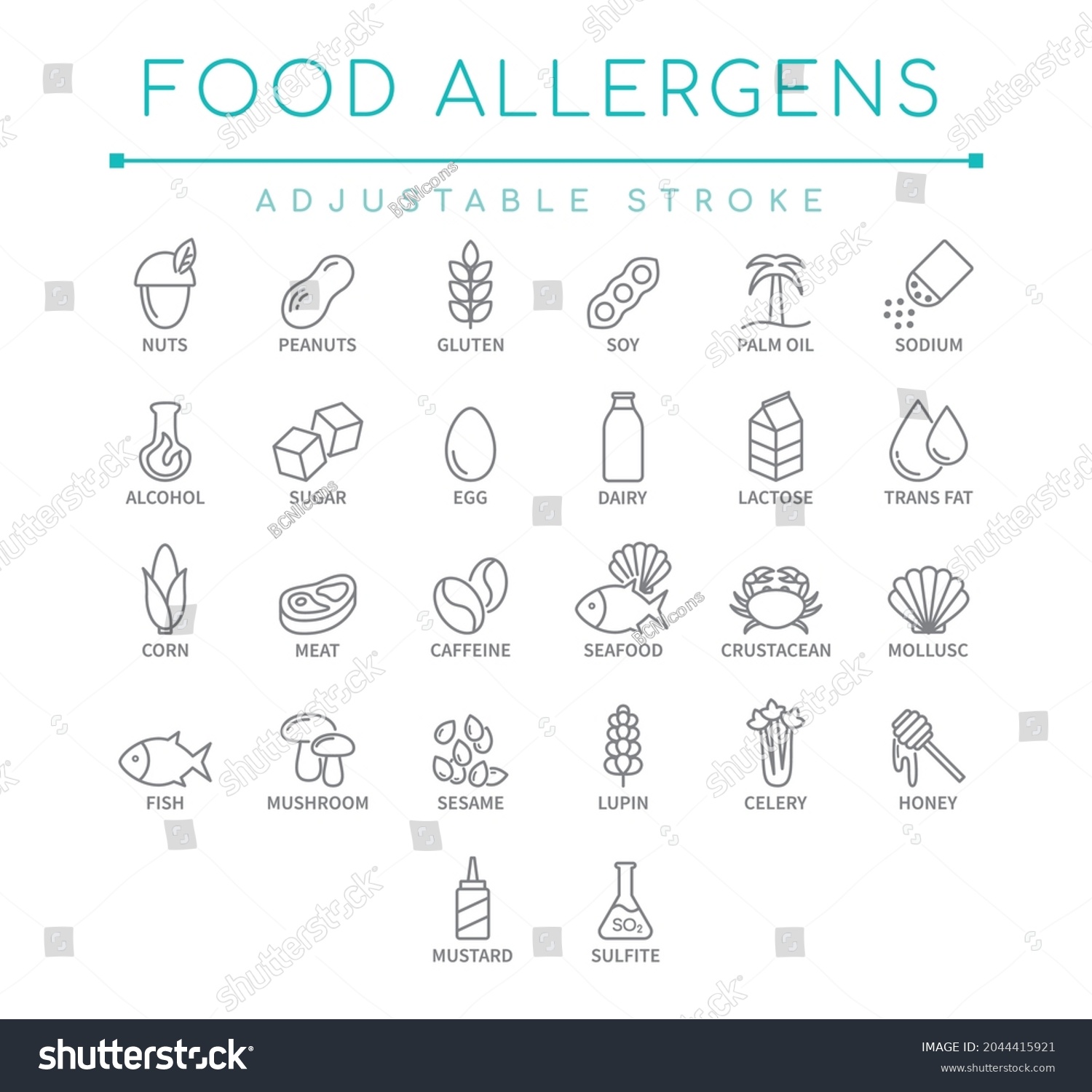 SVG of Food Allergens Line Icon Set. Allergy Ingredients Nutritional Vector Symbol Pack. svg