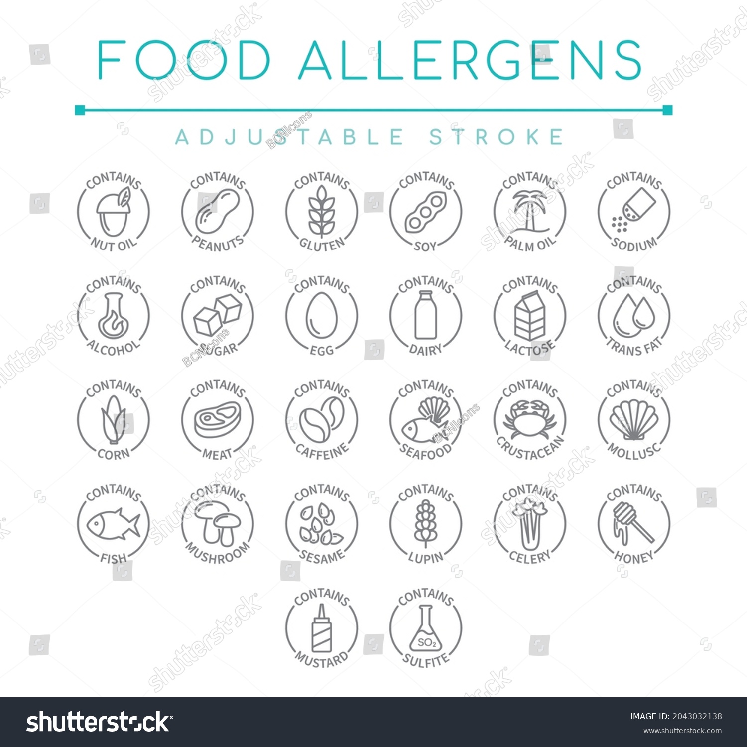 SVG of Food Allergens Warnings Line Icon Set. Contains Allergy Ingredients Vector Symbol Pack. svg