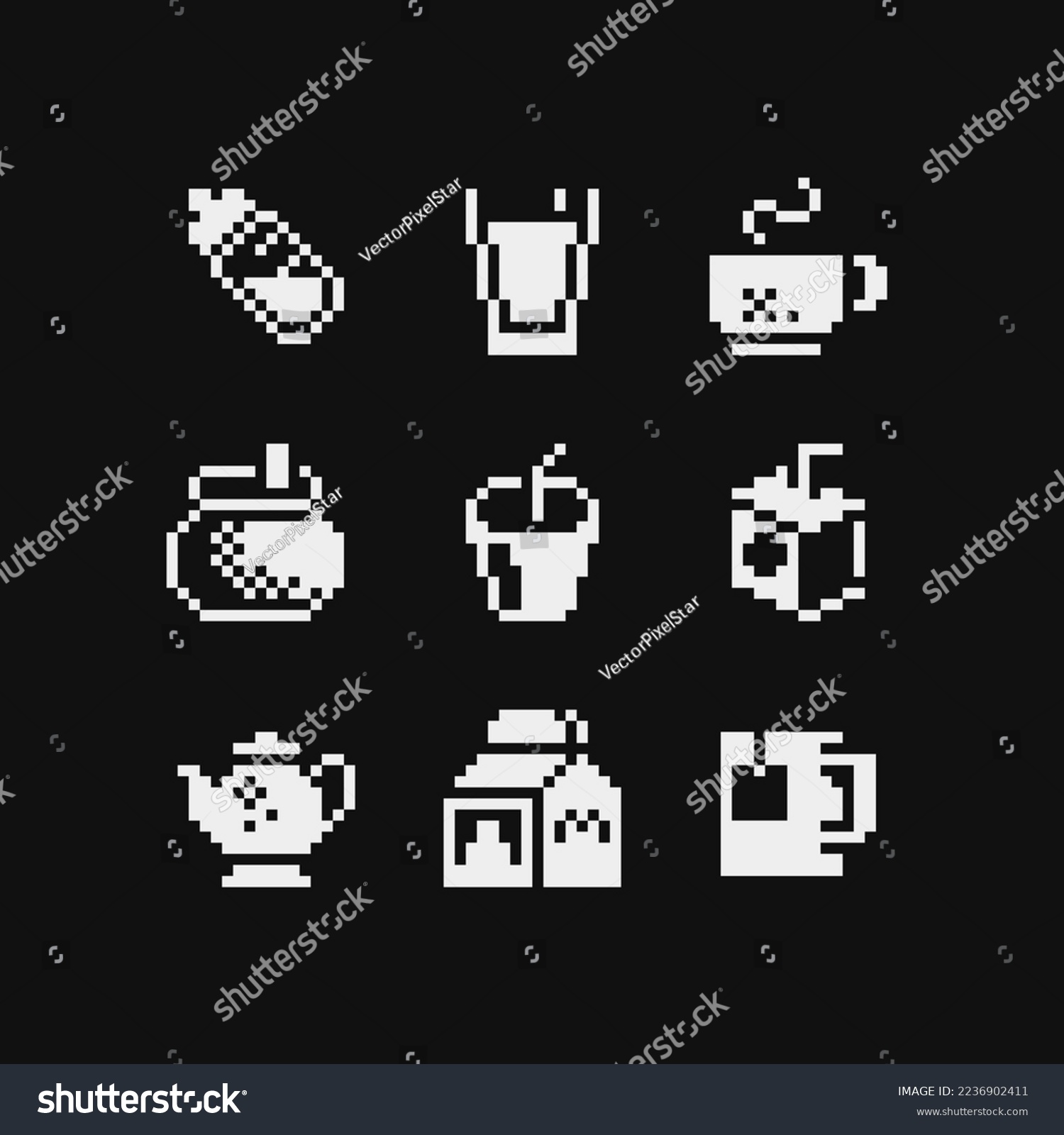 SVG of Food and drink pixel art 1-bit icons set, black and white emoji, glass of milk, paper bag, juice, kettle, tea and coffee. Design for logo, sticker and mobile app. Isolated vector illustration. svg