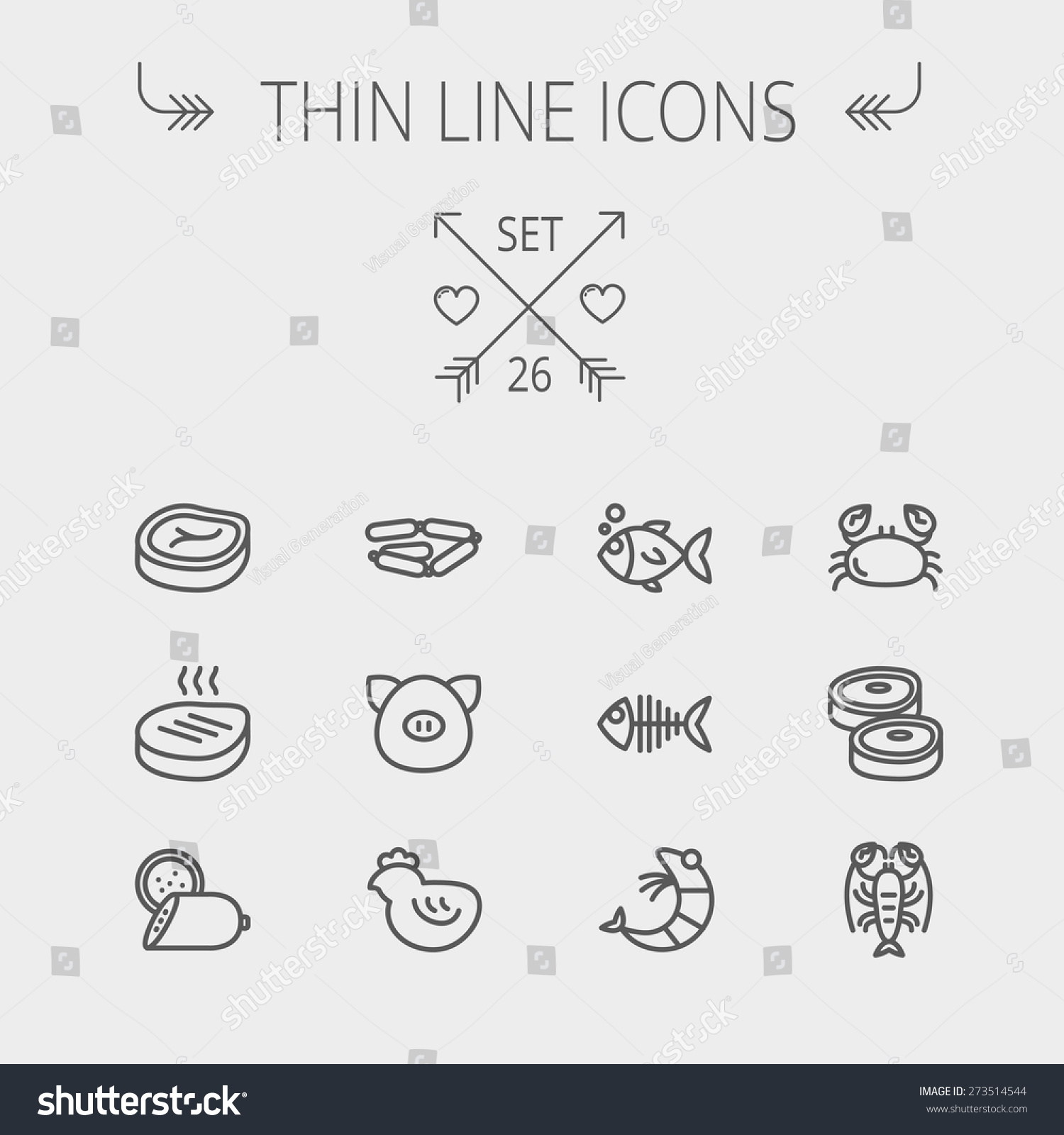 SVG of Food and drink thin line icon set for web and mobile. Set includes- steak, sausages, fish, crab, shrimp, lobster icons. Modern minimalistic flat design. Vector dark grey icon on light grey background. svg