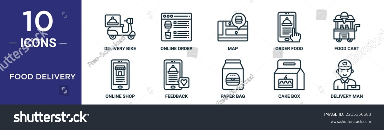 SVG of food delivery outline icon set includes thin line delivery bike, online order, map, order food, food cart, online shop, feedback icons for report, presentation, diagram, web design svg