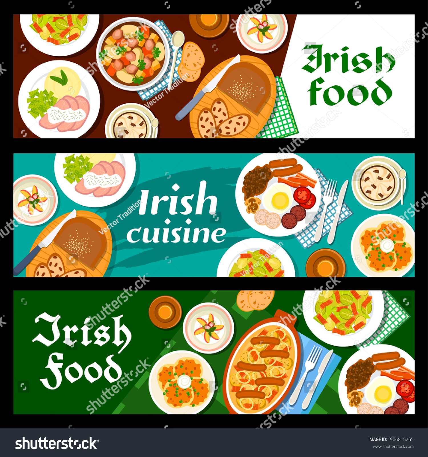 SVG of Food, Irish breakfast, Ireland cuisine vector banners, bread, pudding with raisins, salad and beef stew meals, Irish cuisine menu, restaurant traditional coffee, lunch meat and pastry desserts svg