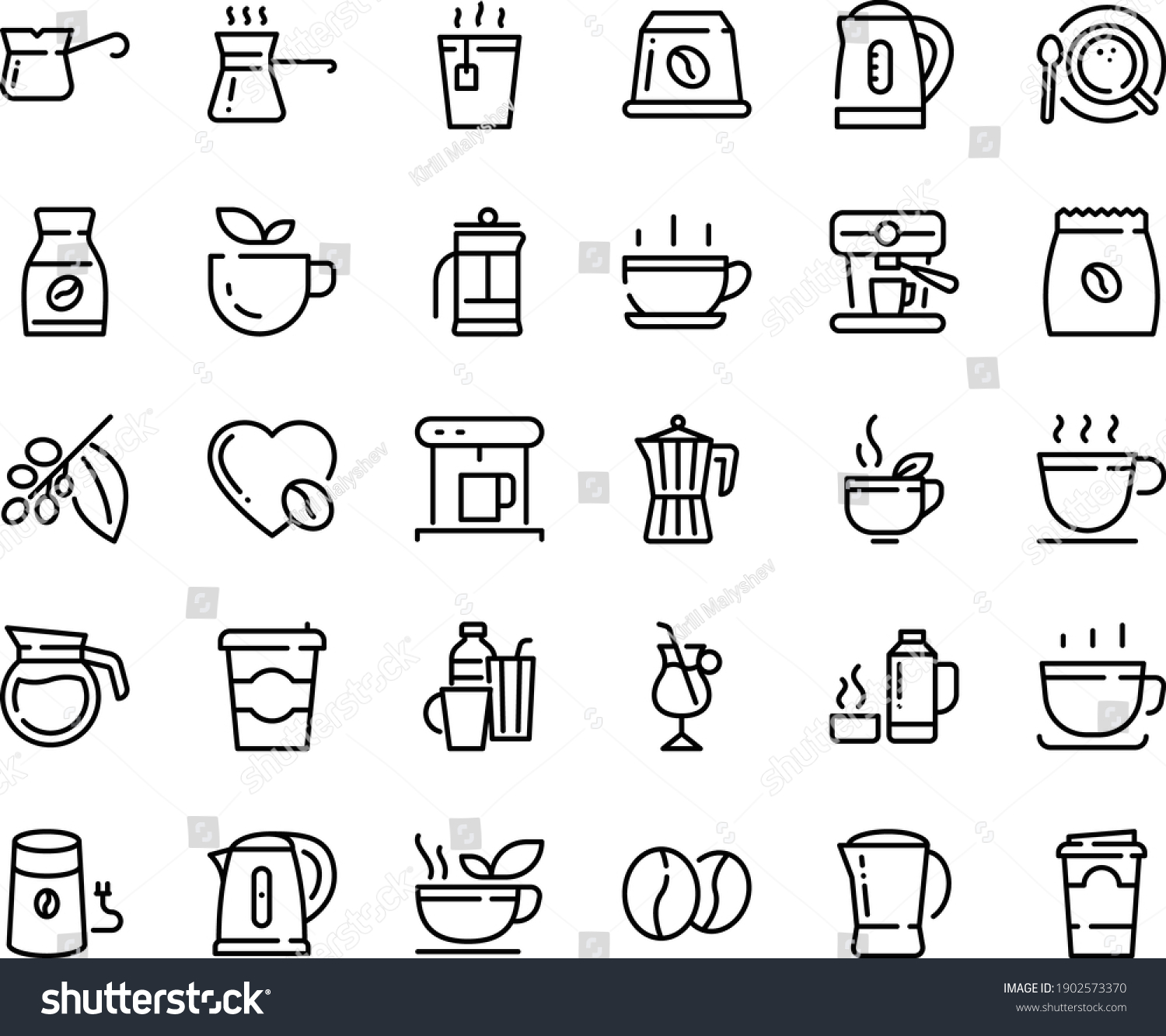 SVG of Food line icon set - hot cup, coffee to go, green tea, coffe maker, mill, top view, pot, turkish, tree, instant, irish, love, machine, pack, beans, capsule, kettle, drinks, french press, paper svg