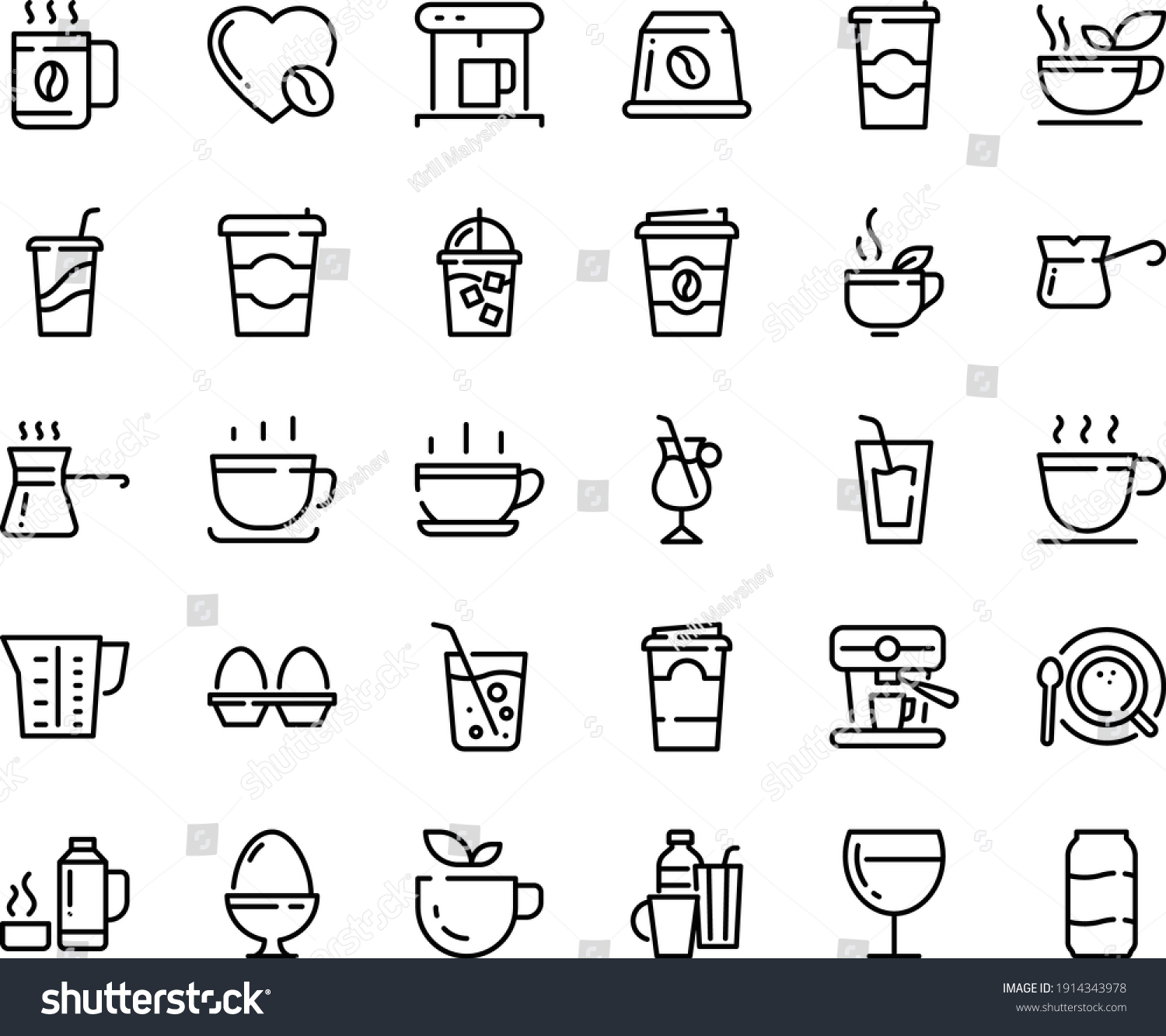 SVG of Food line icon set - hot cup, coffee to go, green tea, drink, wine glass, coffe maker, iced, top view, turkish, irish, love, machine, capsule, beaker, egg stand, drinks, thermo flask, soda, paper svg