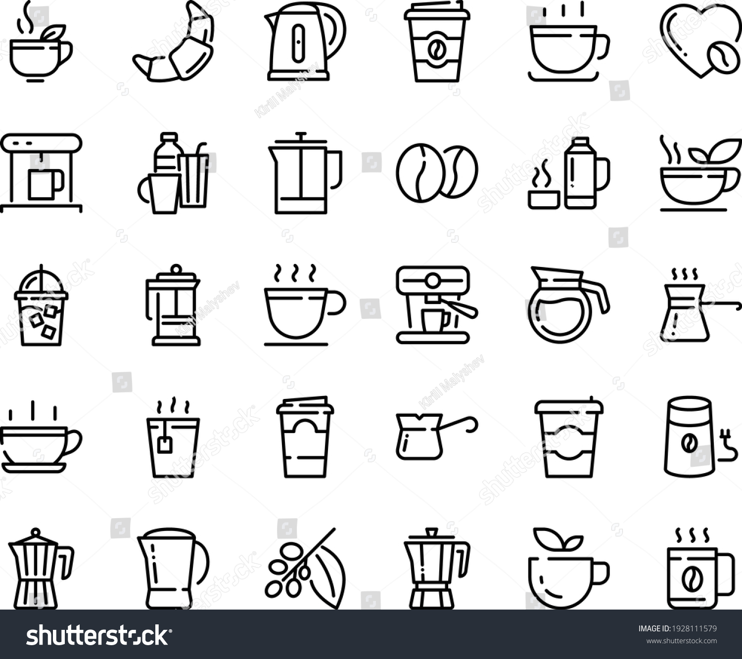 SVG of Food line icon set - hot cup, coffee to go, green tea, pot, croissant, french press, coffe maker, iced, mill, turkish, tree, love, machine, beans, kettle, drinks, thermo flask, paper svg
