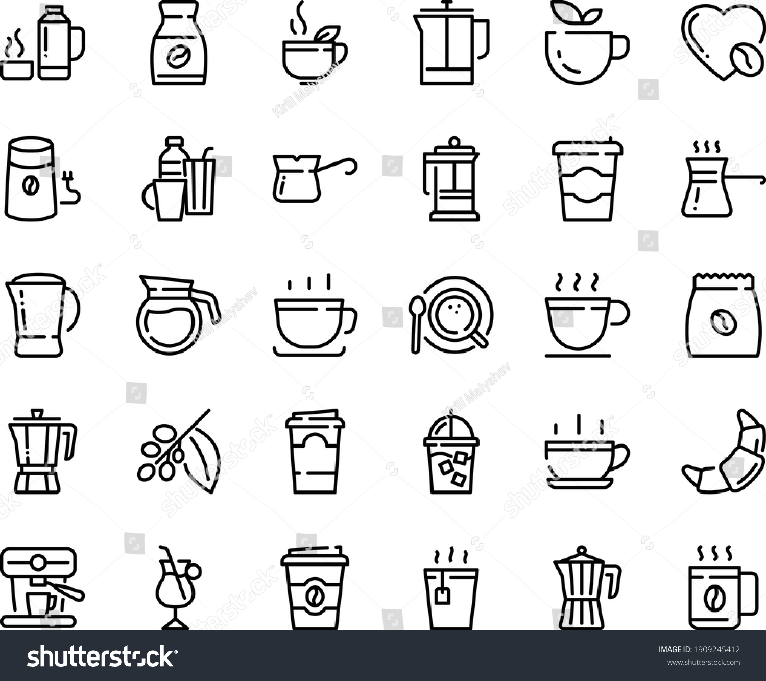 SVG of Food line icon set - hot cup, coffee to go, green tea, pot, croissant, french press, iced, mill, top view, turkish, tree, instant, irish, love, machine, pack, drinks, thermo flask, paper svg