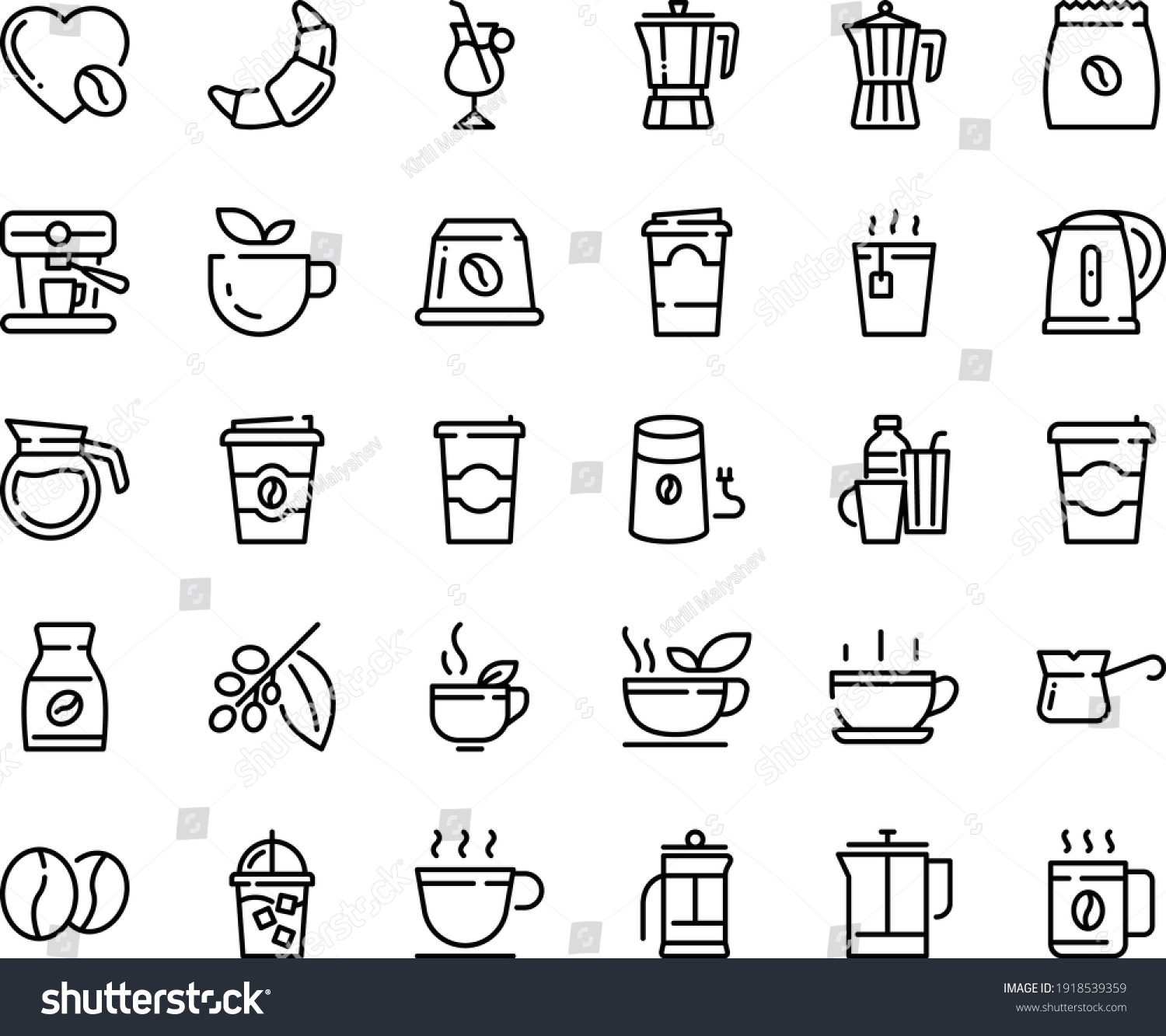 SVG of Food line icon set - hot cup, coffee to go, green tea, pot, croissant, iced, french press, mill, turkish, tree, instant, irish, love, machine, pack, beans, capsule, kettle, drinks, paper svg