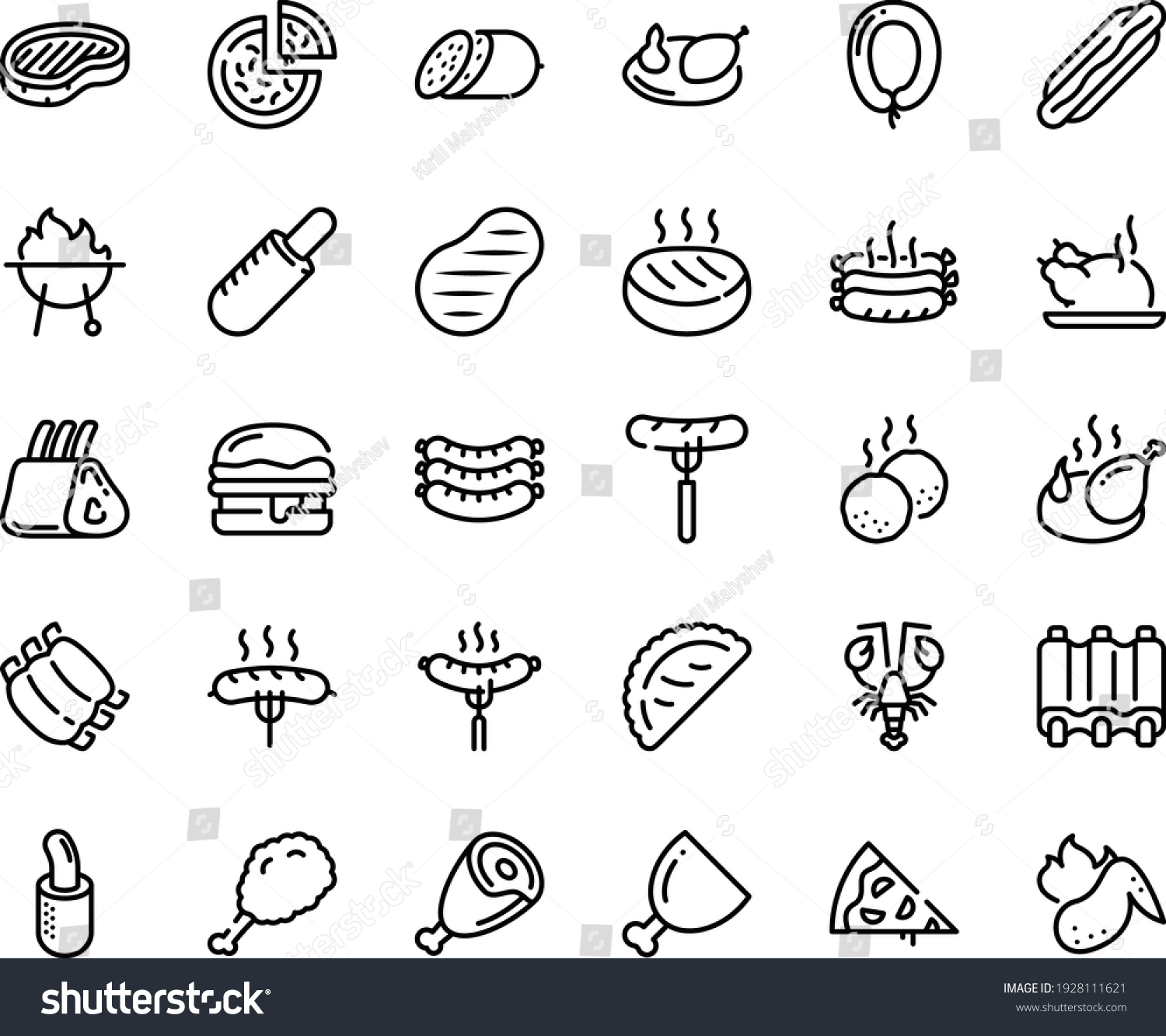 SVG of Food line icon set - pizza piece, hot dog, sausage on fork, fried chiken leg, french, chinese chicken, lobster, calsone, salami, sausages, steak, ham, burger, ribs, roasted, cutlet, meatballs, bbq svg